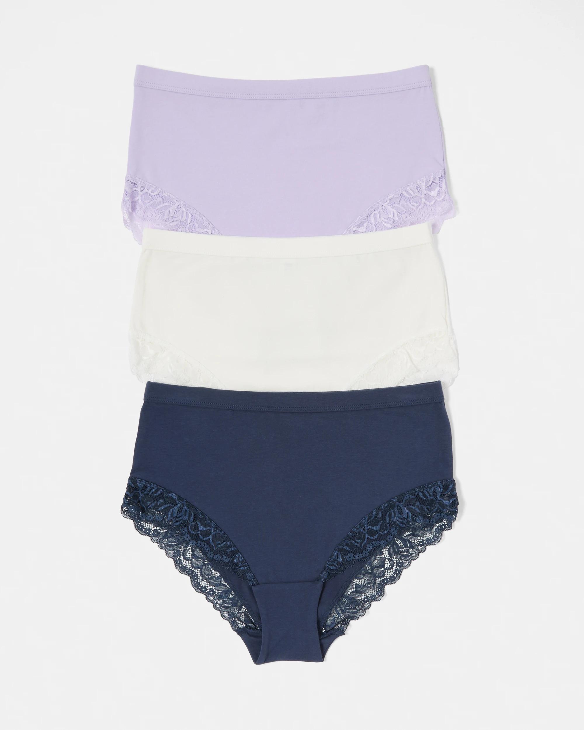 1 3 Pack Lace Trim Cotton Full Briefs BRIGHT LAVENDER, CLOUD DANCER, DEEP NAVY, 1 of 8