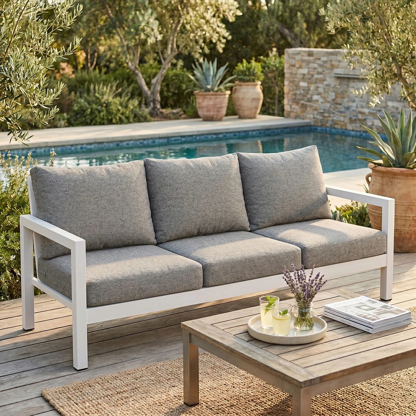 5 Moda Living Manly 3 Seater White Aluminium Outdoor Sofa Lounge - Textured Grey Cushions - White, 5 of 10
