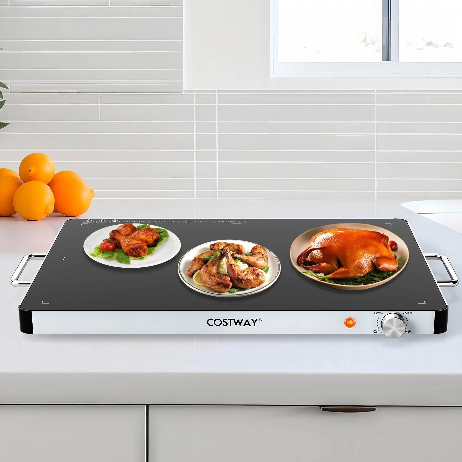 2 Costway 53 x 40cm Electric Warming Tray Tempered Glass Portable Hot Plate - Black, 2 of 2