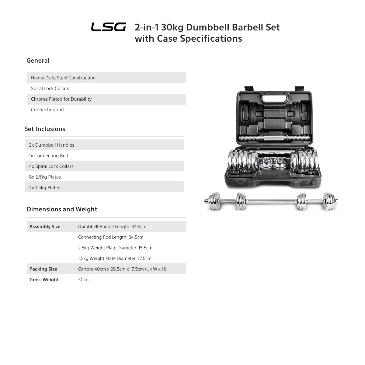 6 LSG 30kg Dumbbell and Barbell 2-in-1 Set - Black, 6 of 8