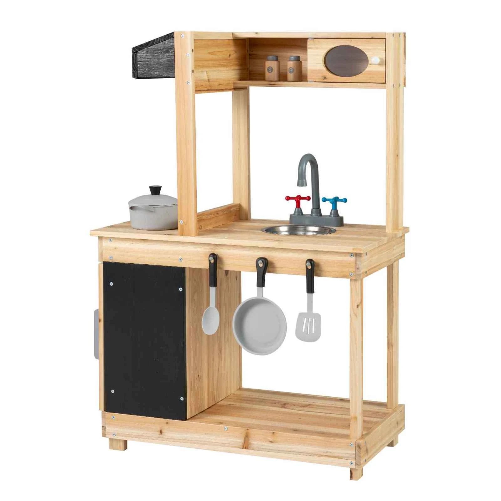 1 Costway Outdoor Mud Kitchen Wood Play Chef Pretend Kitchen Toy Stoves Sink Faucet, 1 of 1
