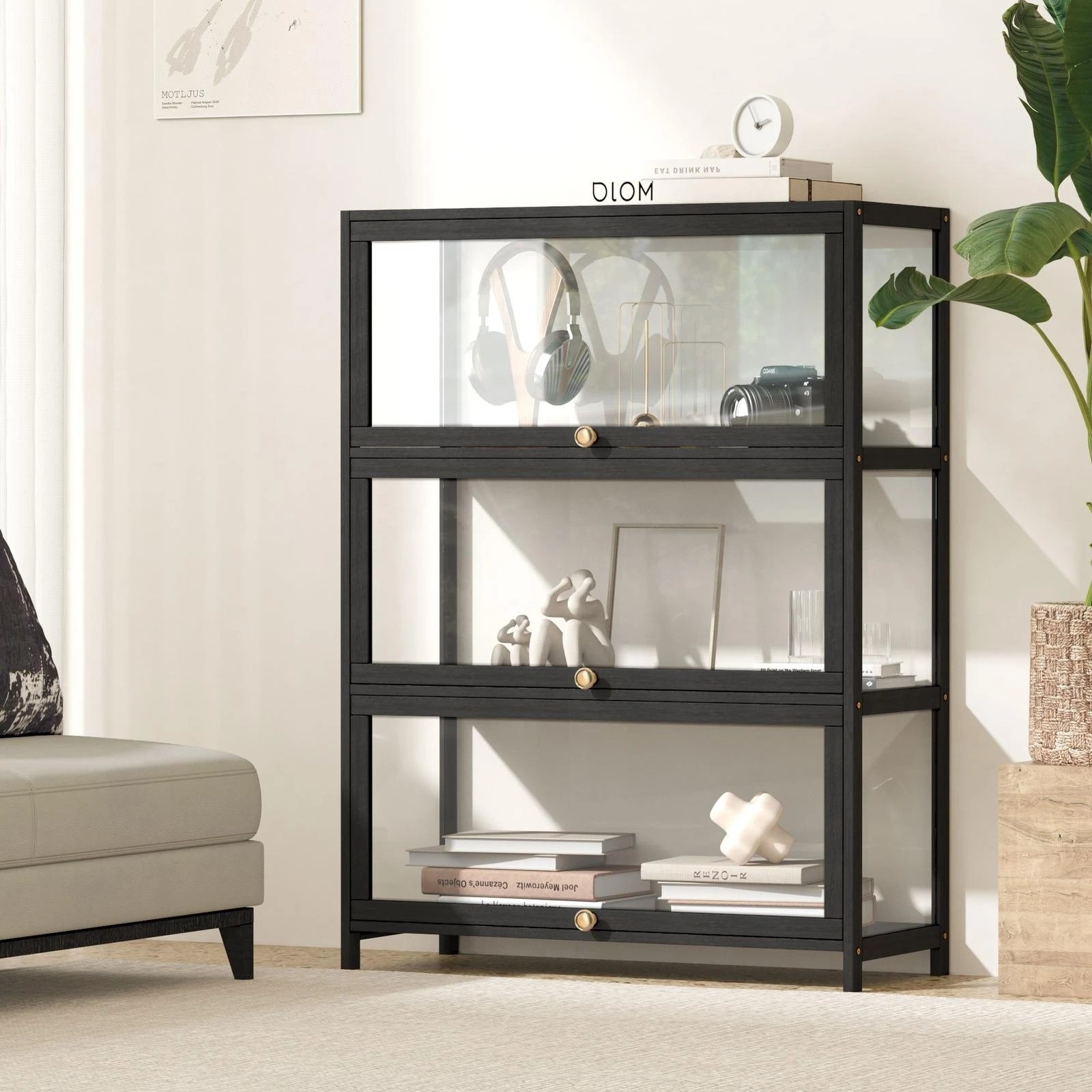 2 Oikiture Display Cabinet Storage 3-tier Shelves Clear Bookcase Stand Rack
 - Black, 2 of 9