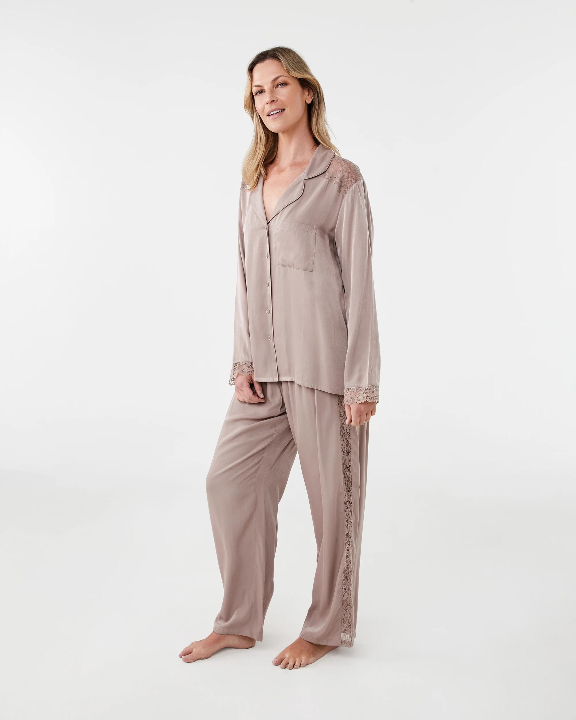 2 Lace Trim Matte Satin Pyjama Set Grey Taupe, 2 of 9