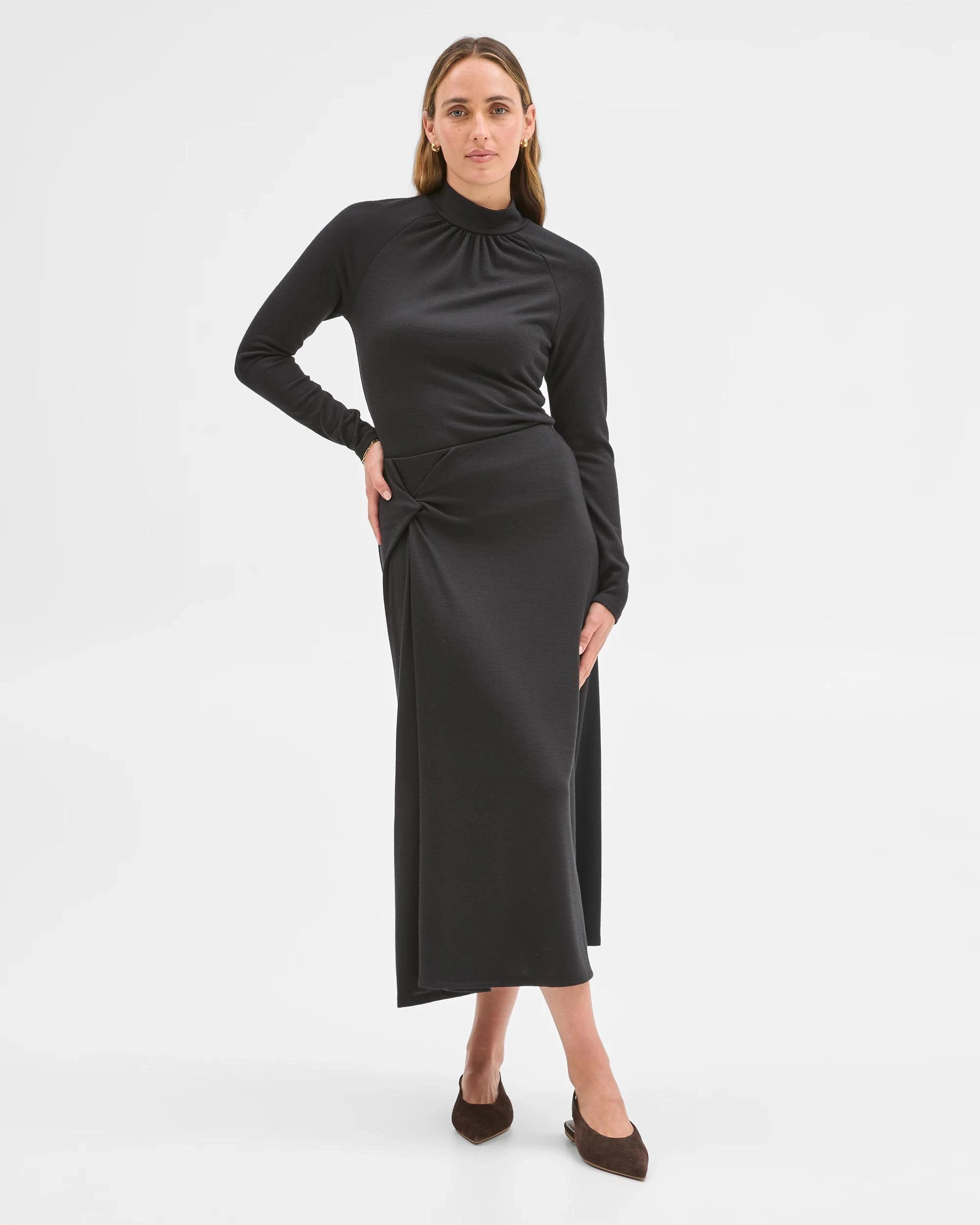 2 Preview Long Sleeve High Neck Drape Top BLACK, 2 of 7