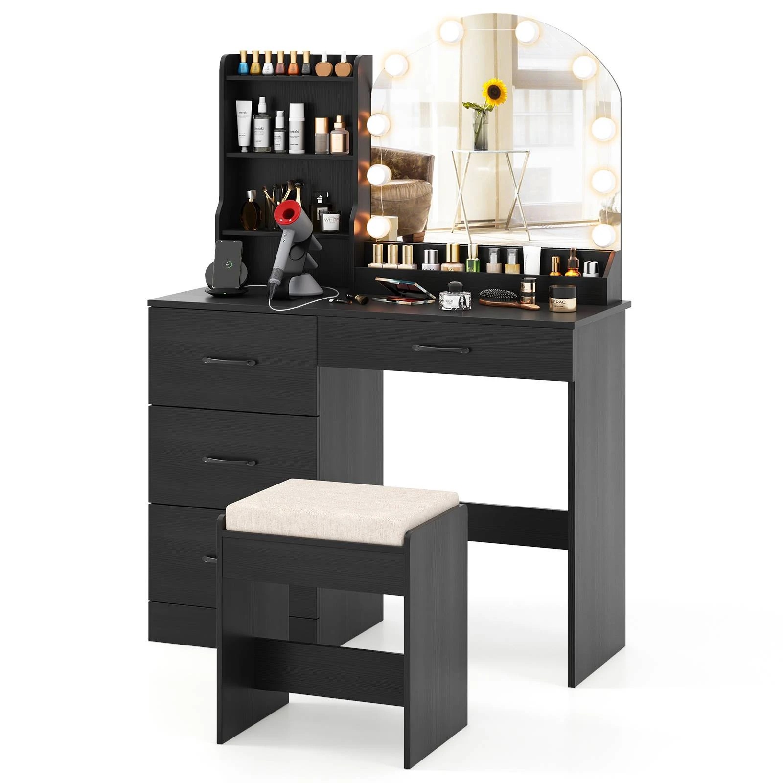 4 Costway 3-Color LED Dressing Table Stool Set w/Charging Station Makeup Vanity Desk Set, 4 of 4