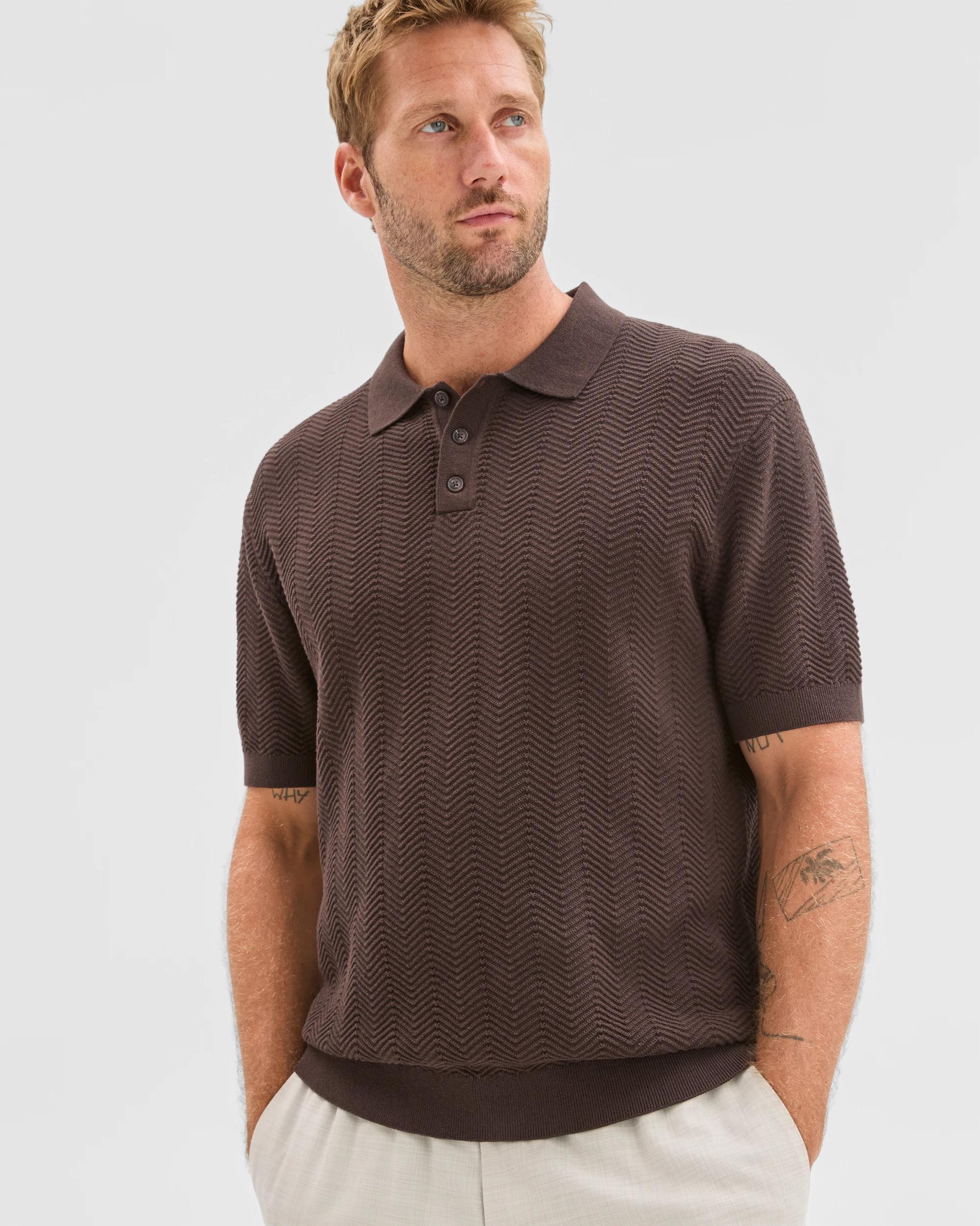 1 Preview Australian Cotton Knit Polo Top CHOC TORTE, 1 of 6