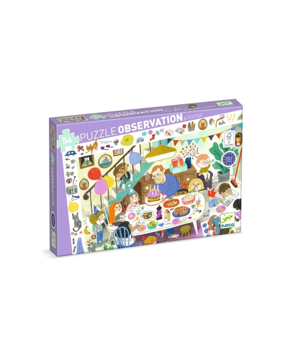Djeco 54pc Birthday Party Observation Puzzle With Poster Kids - Purple ...