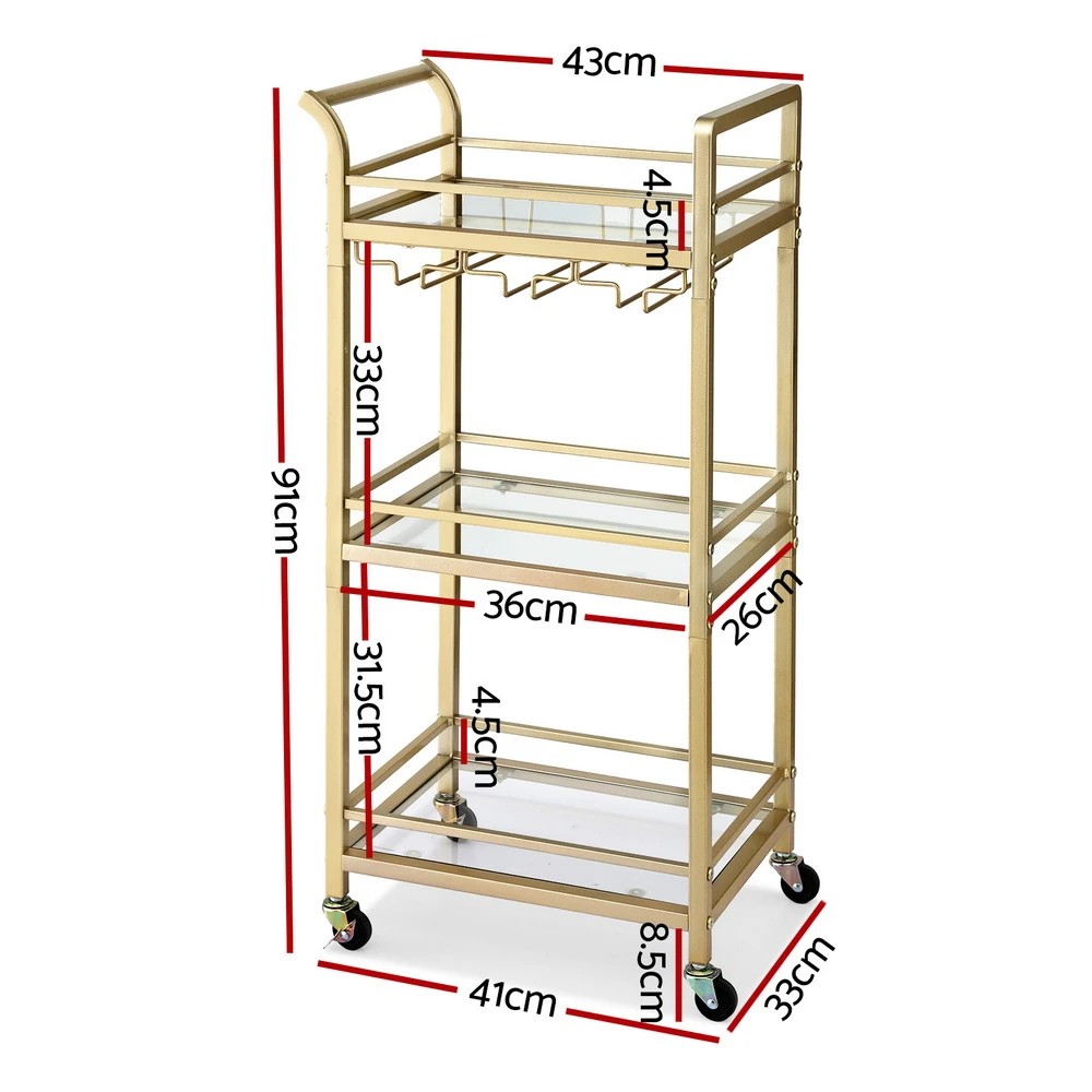 2 Artiss Bar Cart Drinks Trolley Serving Wine Glass Holder Rack Cocktail 43cm - Gold, 2 of 7