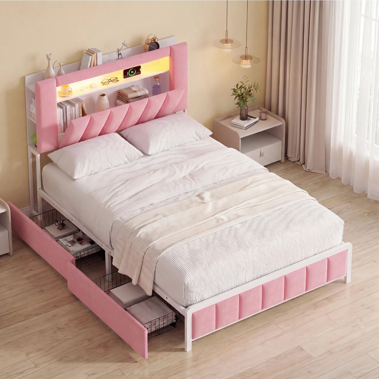 7 Advwin Double Bed Frame with LED Shelves Charging Station - Pink, 7 of 8
