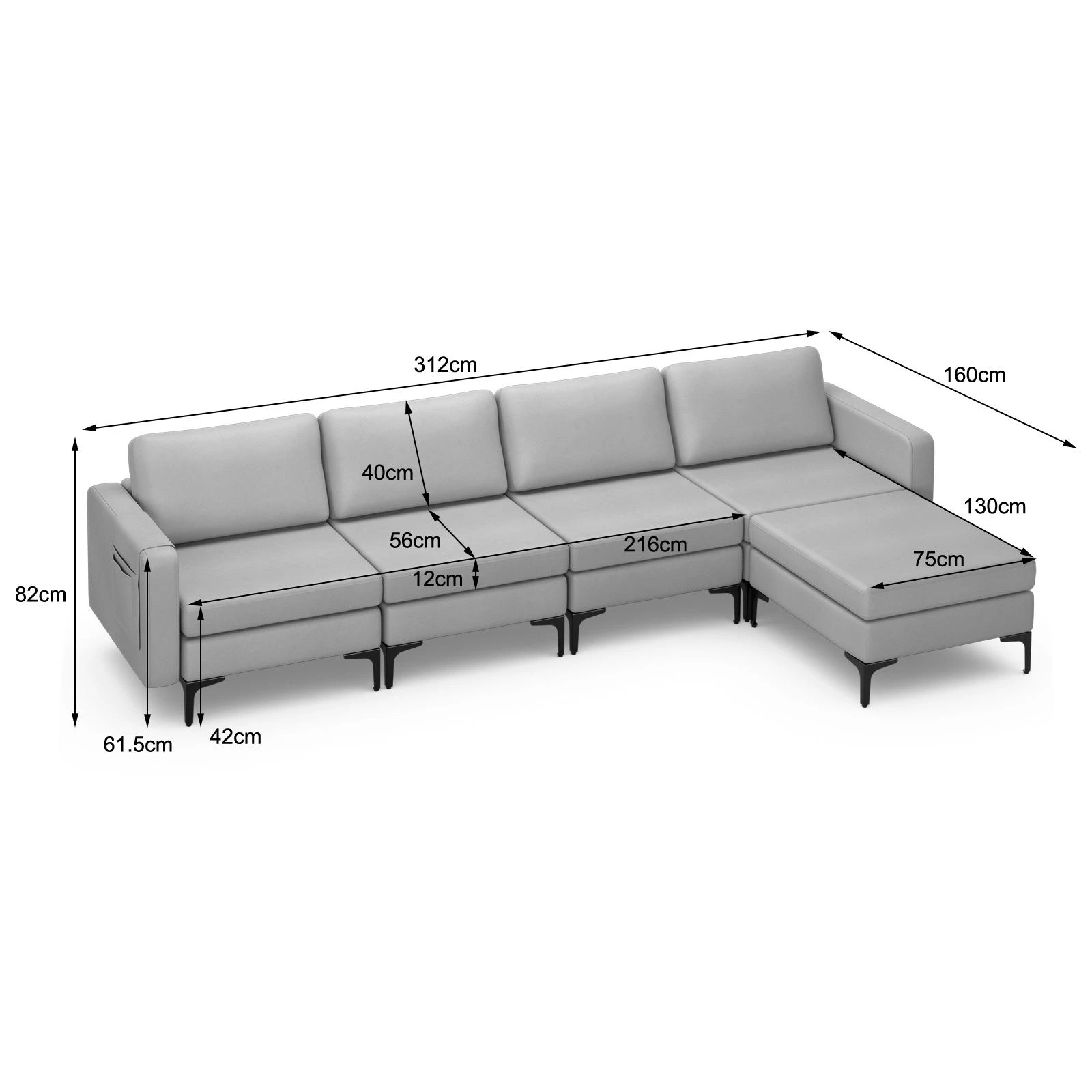 4 Costway L-Shaped Sofa Bed Fabric Modular Lounge Suite Couch Ottoman w/Side Pocket Corner Home Office - Grey, 4 of 4