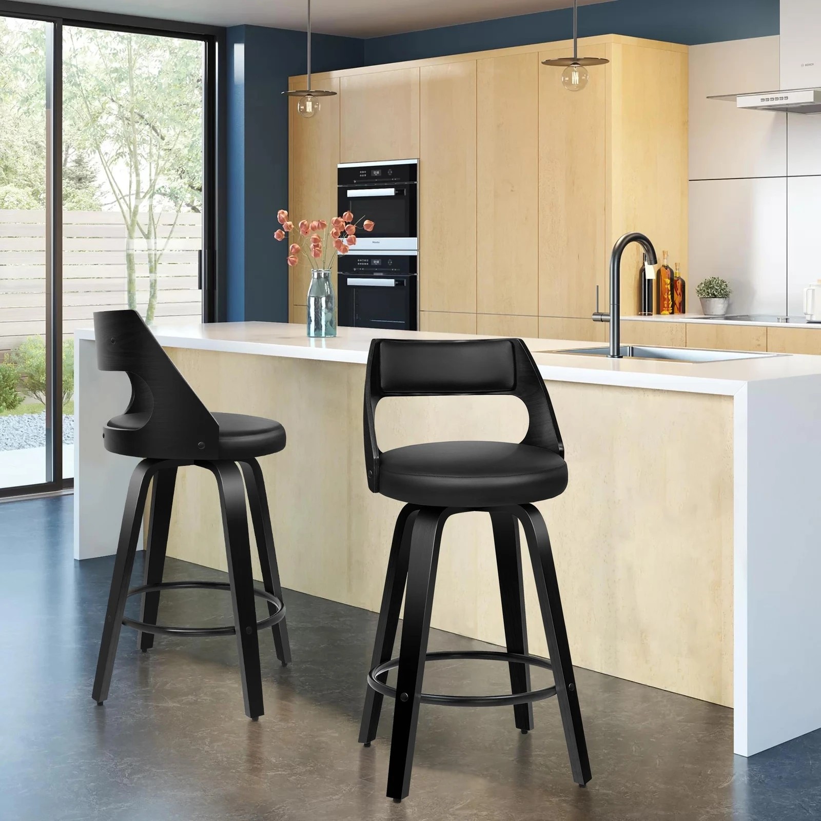 2 Alfordson 2x Swivel Bar Stools Eden Kitchen Wooden Dining Chair - Black, 2 of 10