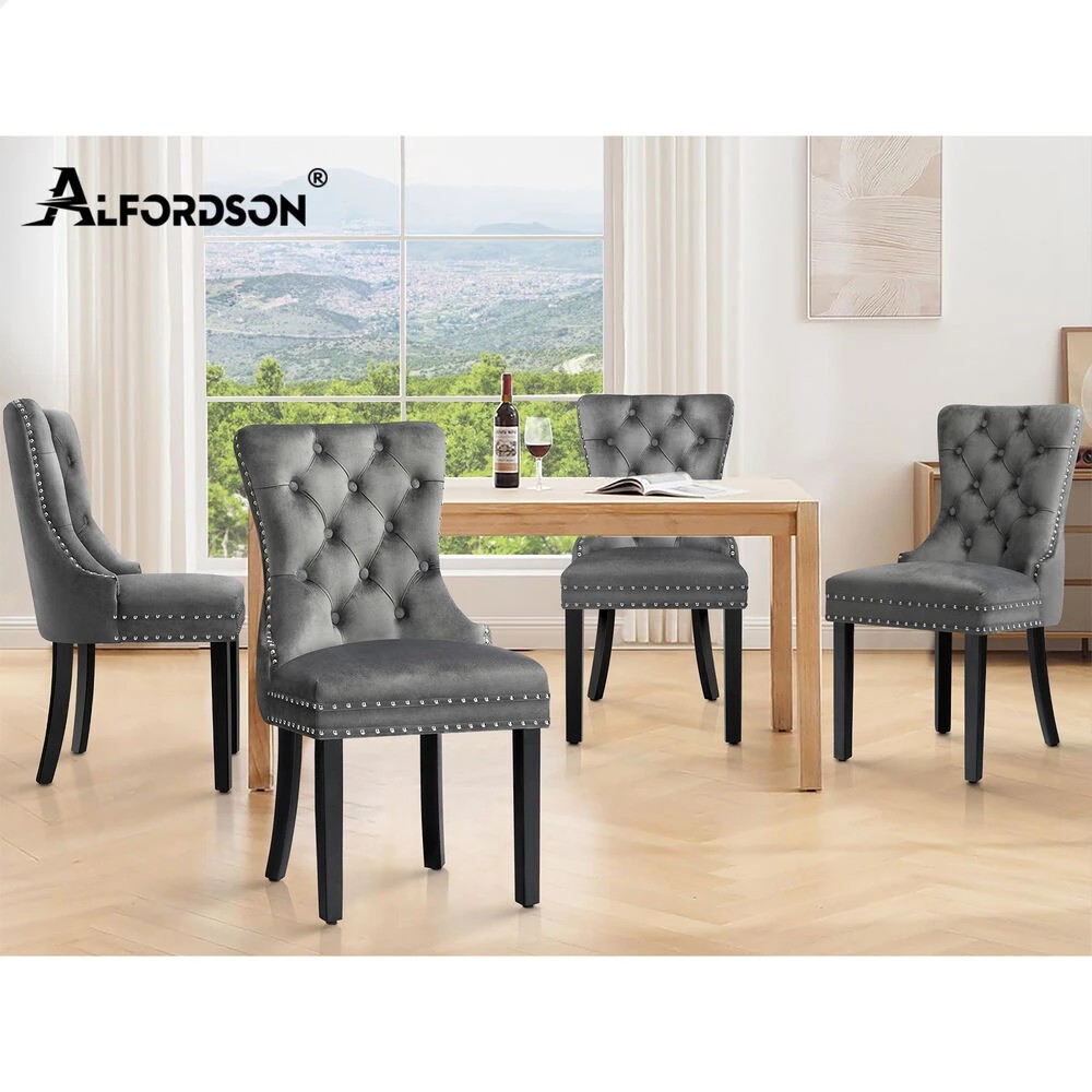 10 Alfordson 2x Dining Chair Kitchen Lounge Retro Button Tufted Wooden Velvet - Grey, 10 of 10