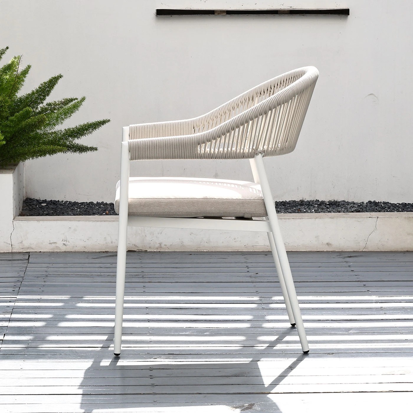 6 Moda Living Fraser White Aluminium Outdoor Dining Chairs with Arms - Beige Rope and Cushion (Set of 4) - White, 6 of 10
