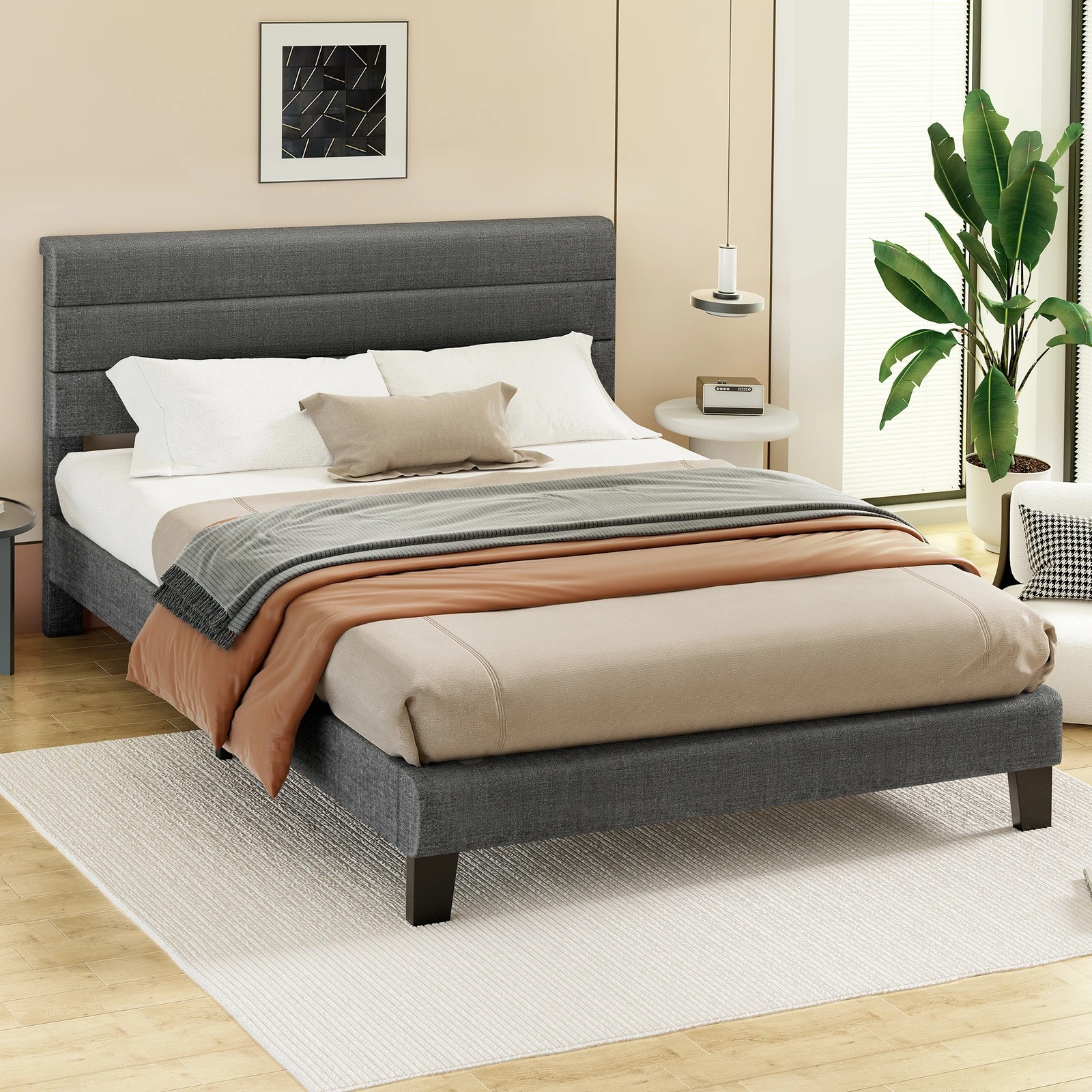 9 Alfordson Bed Frame Double Size Upholstered Platform Fabric Harlene - Grey, 9 of 10