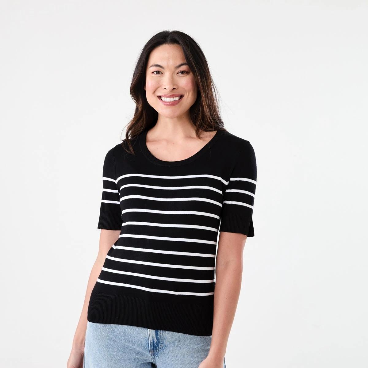 1 Short Elbow Sleeve Scoop Neck Top Ecru Strp, 1 of 6