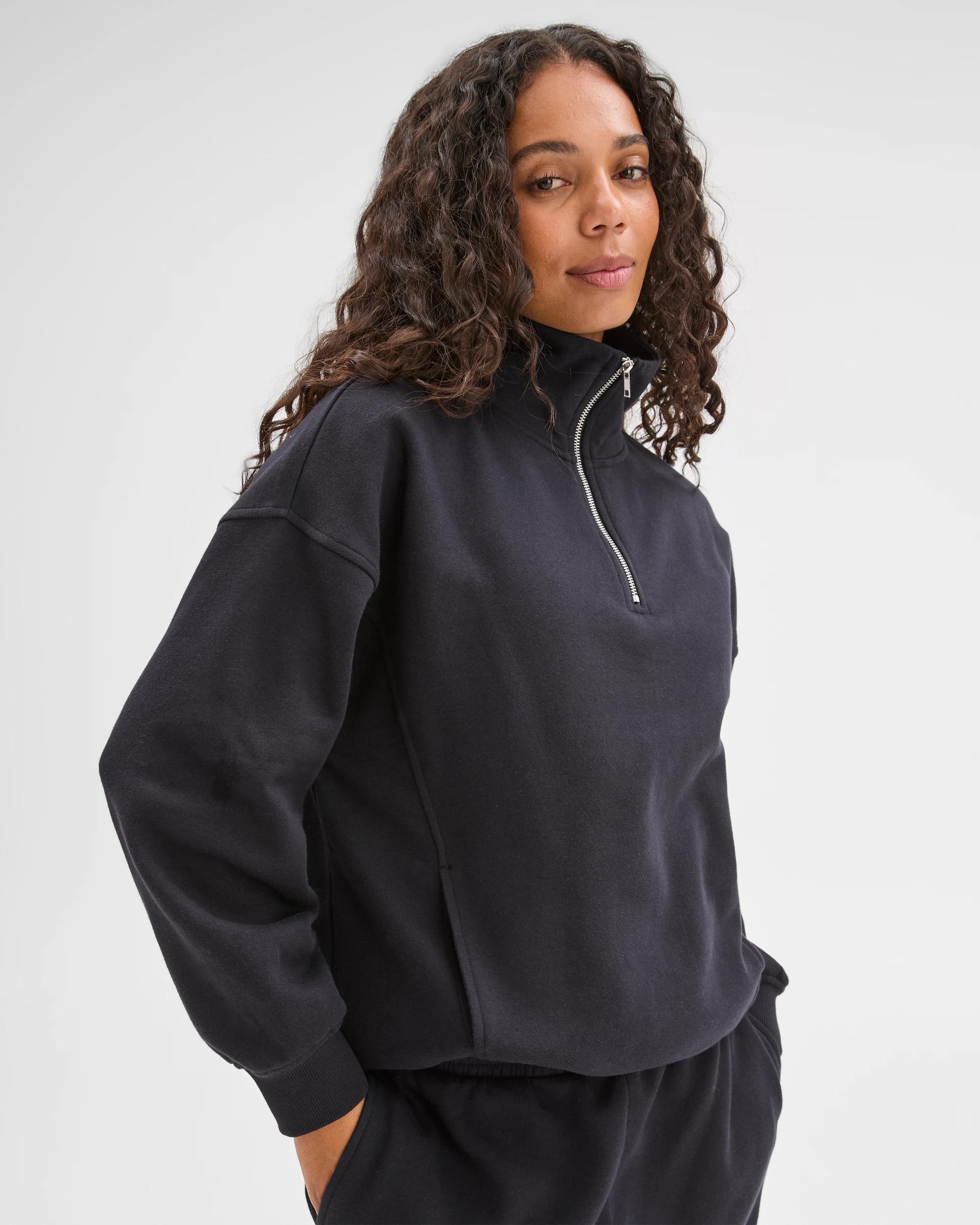 1 Target Woman Australian Cotton Blend 1/4 Zip Fleece Jumper BLACK, 1 of 6