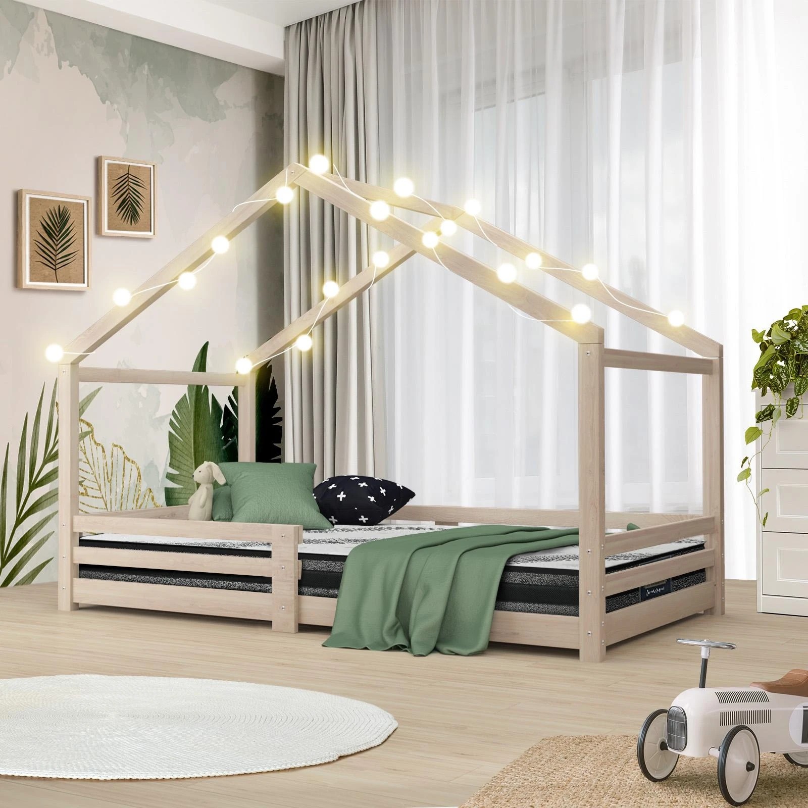 10 Oikiture Kids Bed Frame And Mattress Wooden Timber Toddler House Montessori Base
 - Natural, 10 of 10