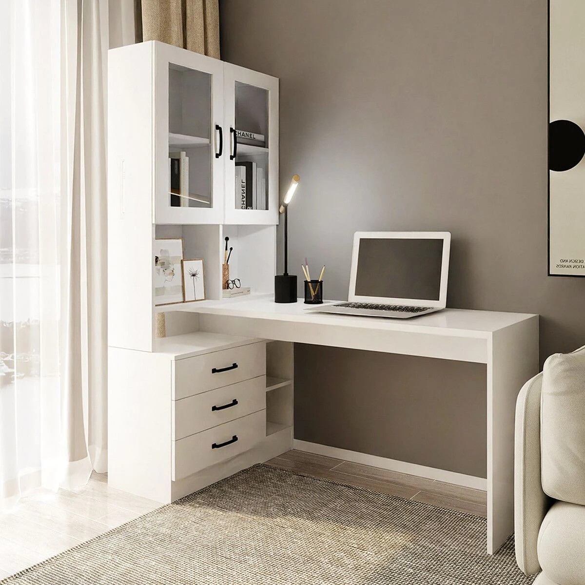 4 LUXSUITE Computer Desk Bookcase with Drawers White, 4 of 7