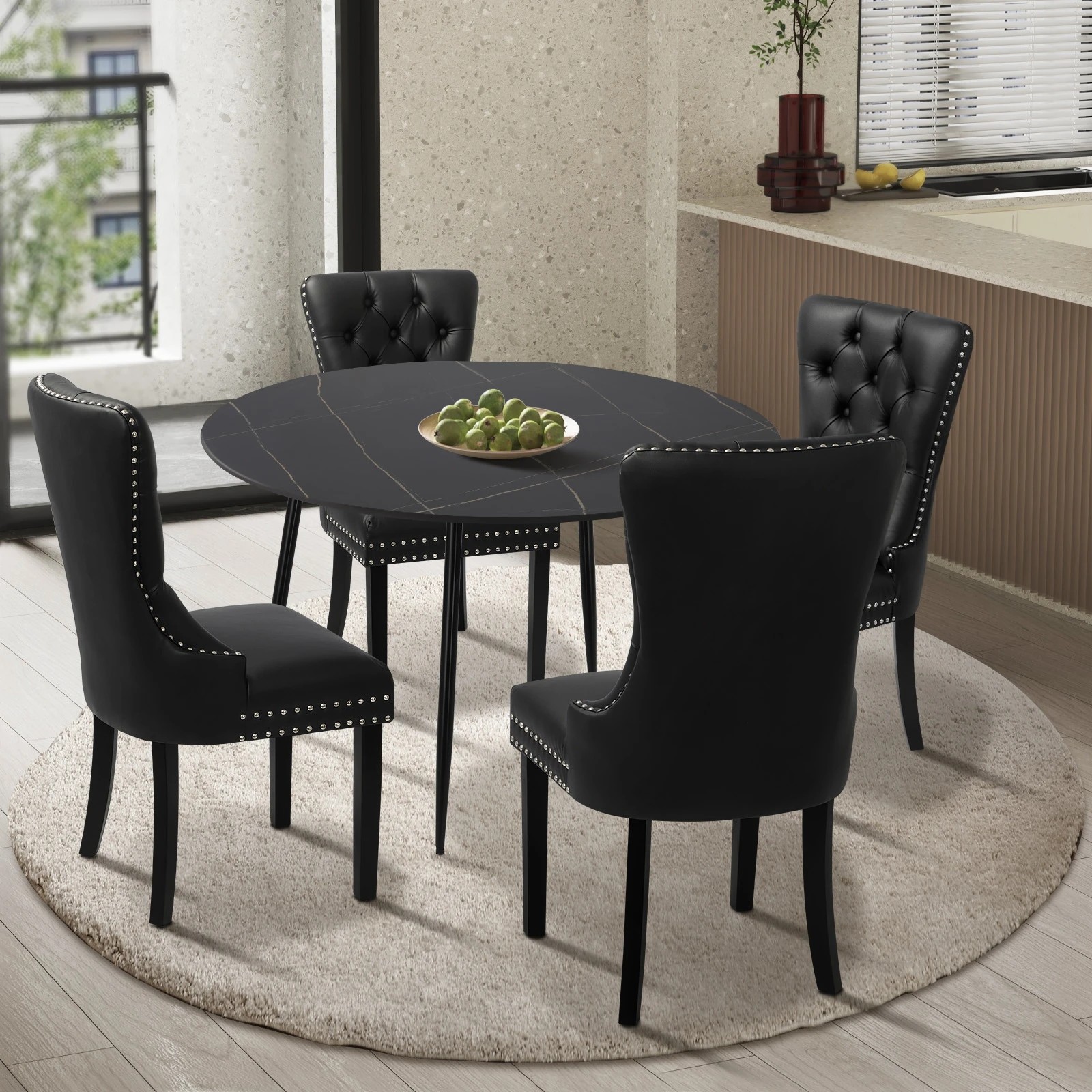2 Oikiture 110cm Round Dining Table With 4pcs Dining Chairs Pu Leather
 - Black, 2 of 10
