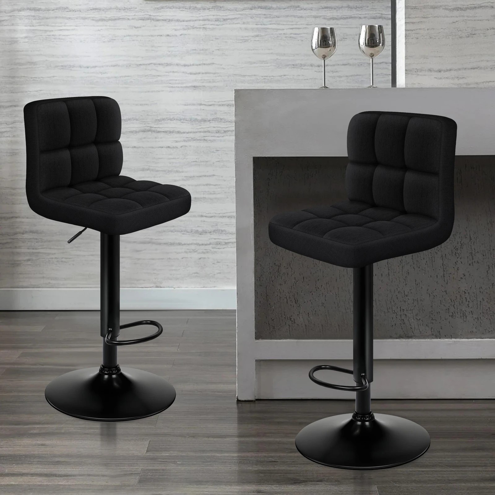2 Alfordson 2x Bar Stools Ralph Kitchen Swivel Chair Fabric Gas Lift - Black, 2 of 7