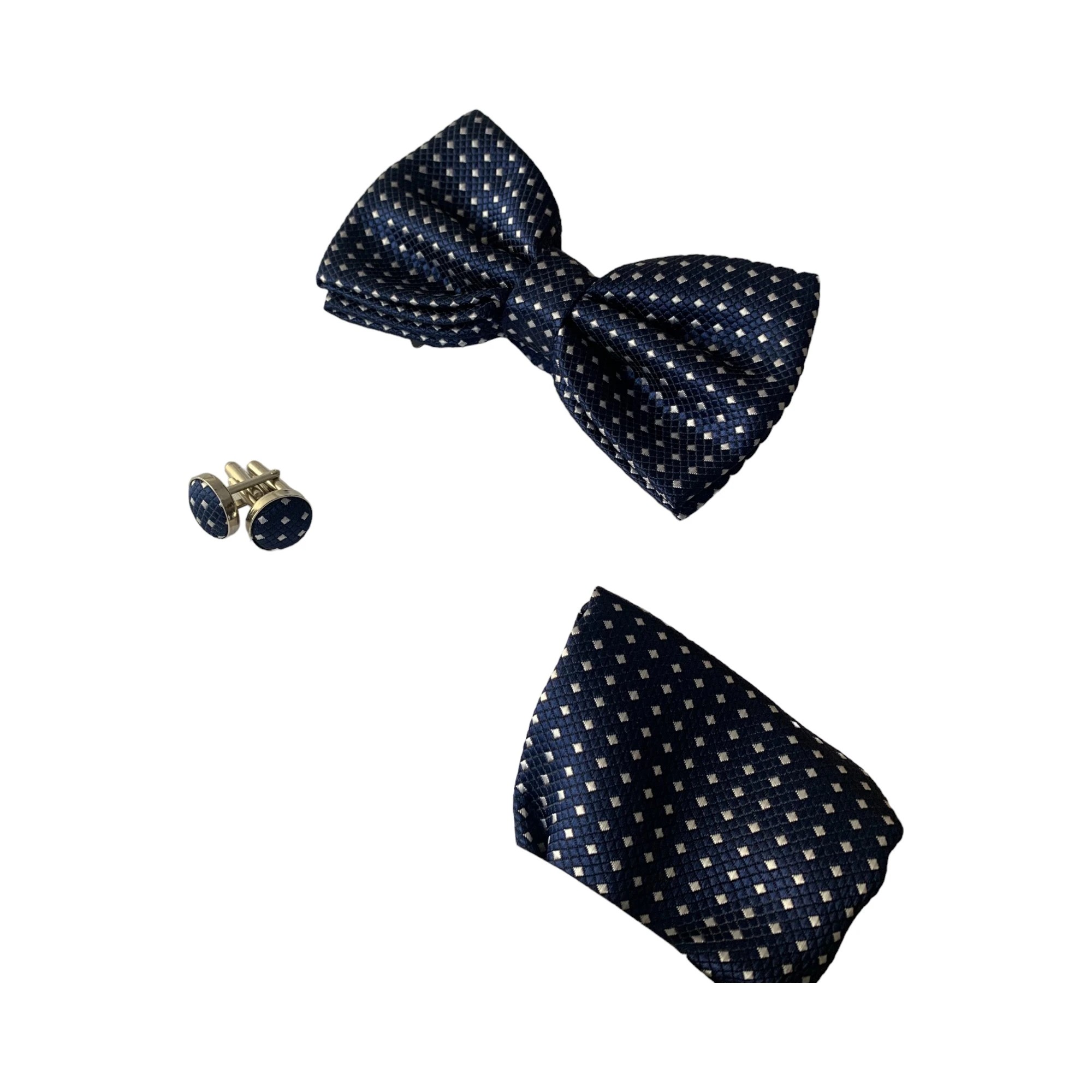 5 Zasel Mens Navy Checkered Matching Bow Tie, Pocket Square & Cuff Links Set - Multi, 5 of 5