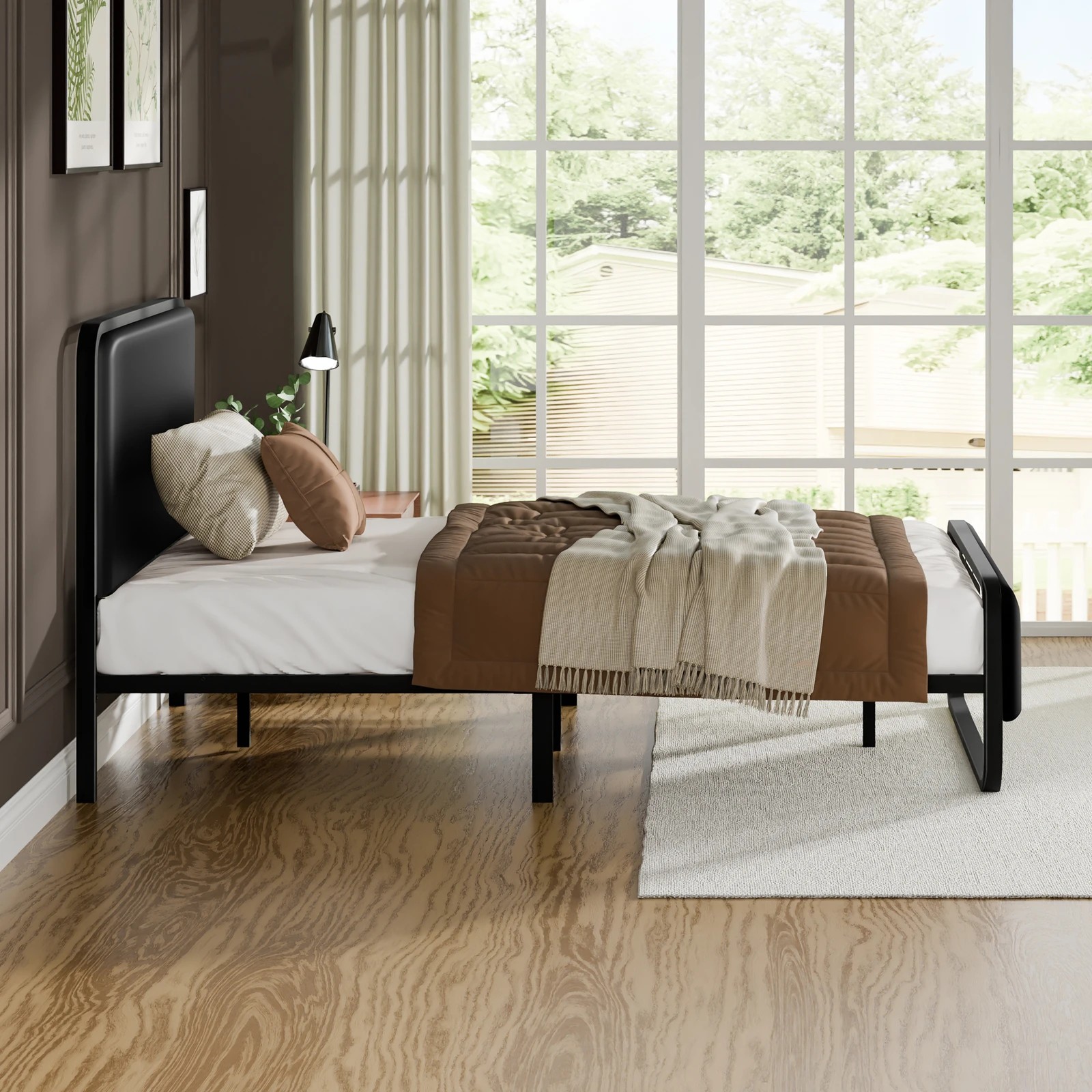 6 Alfordson Metal Bed Frame Single Size Upholstered Headboard Leather Madge - Black, 6 of 10