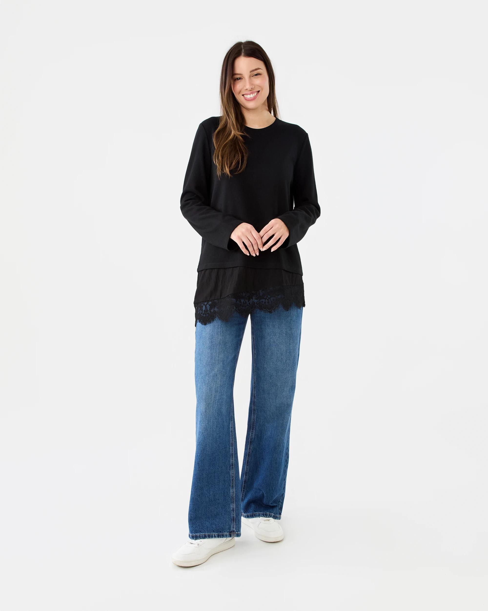 7 Long Sleeve Brushed Lace Trim Top Black, 7 of 7