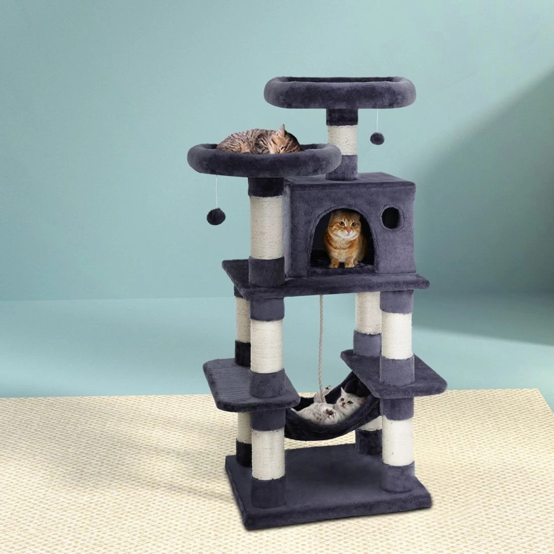 3 i.Pet Cat Tree 145cm Tower Scratching Post Scratcher Wood Condo House Large Bed - Grey, 3 of 7