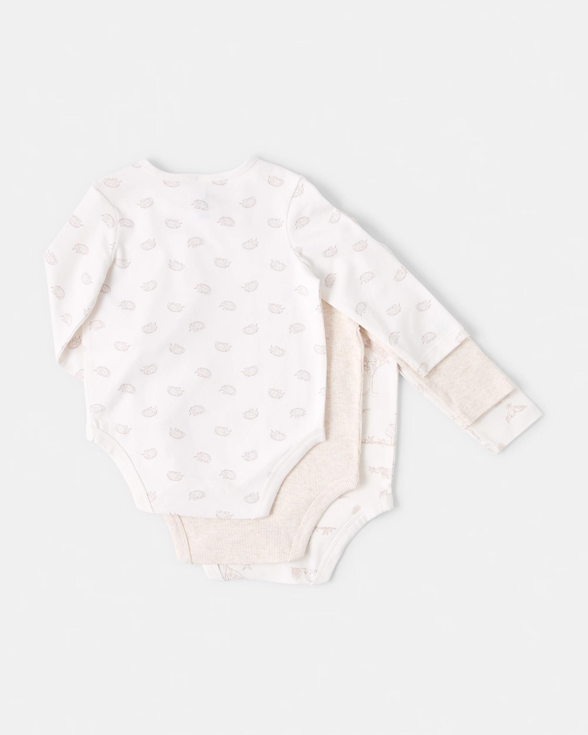 2 3 Pack Cotton Long Sleeve Bodysuits Beig Animl, 2 of 8