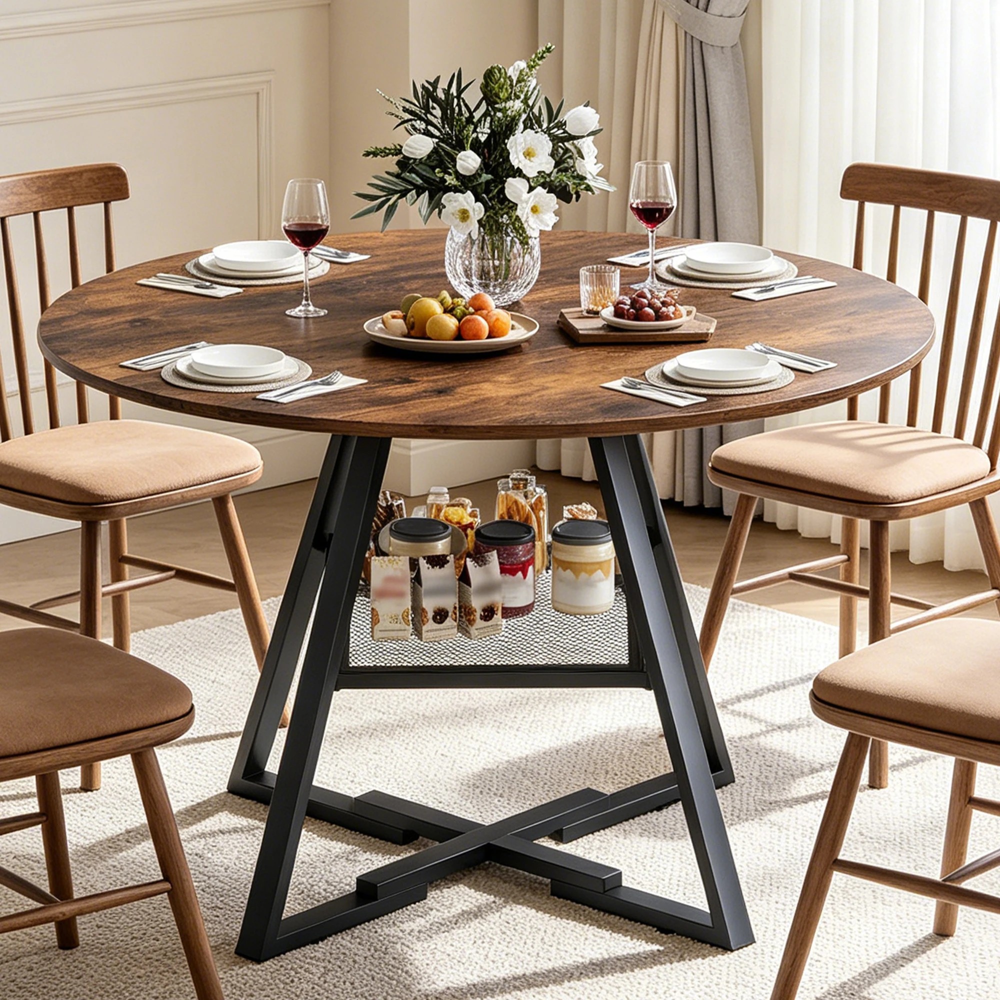 3 Advwin 107cm Round Dining Table for 4-6 People Industrial Kitchen Table Circle Dinner Table - Brown, 3 of 6