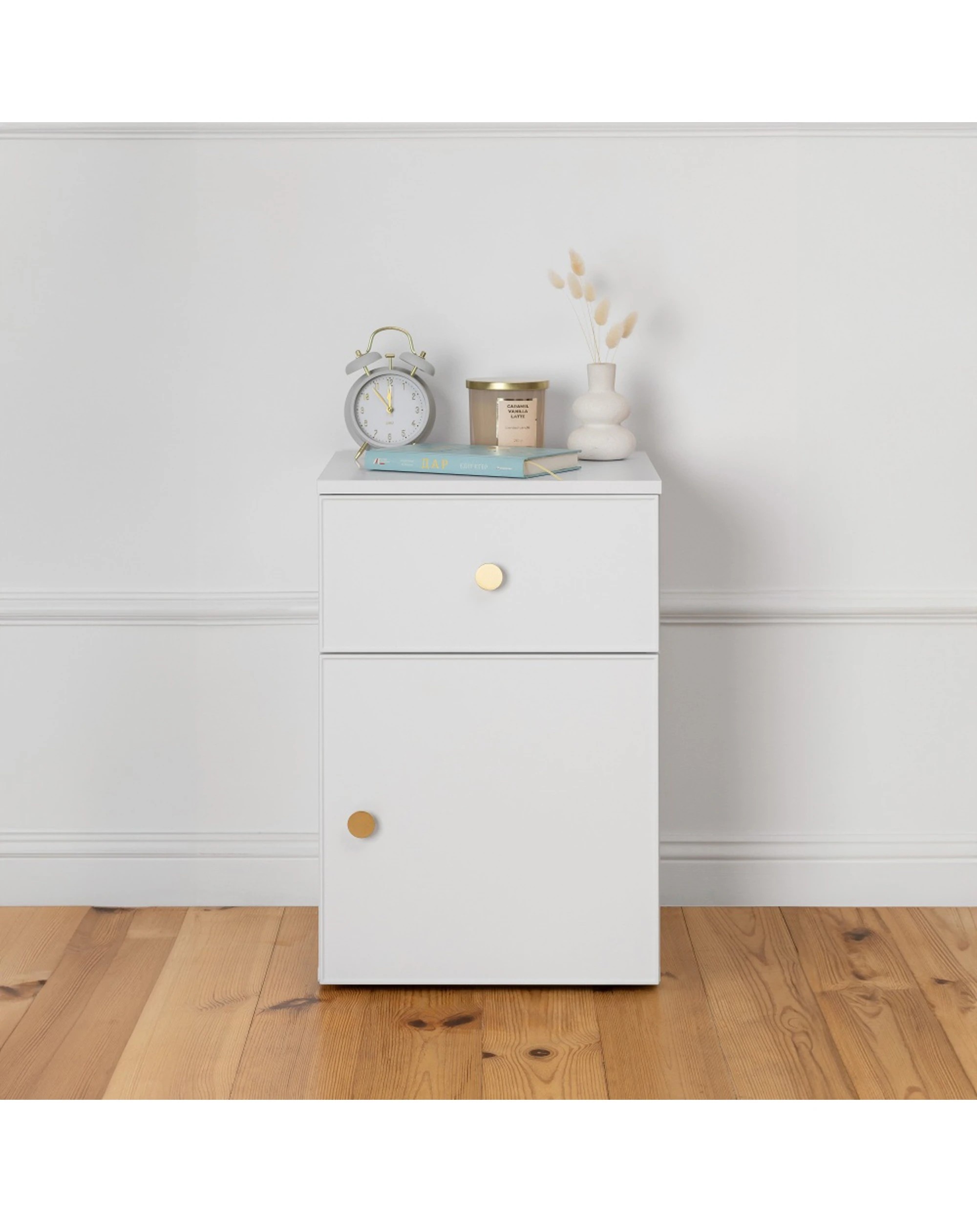 3 European Cabinetry Porto Bedside Table Slim Front Brass Round Handle - White, 3 of 4