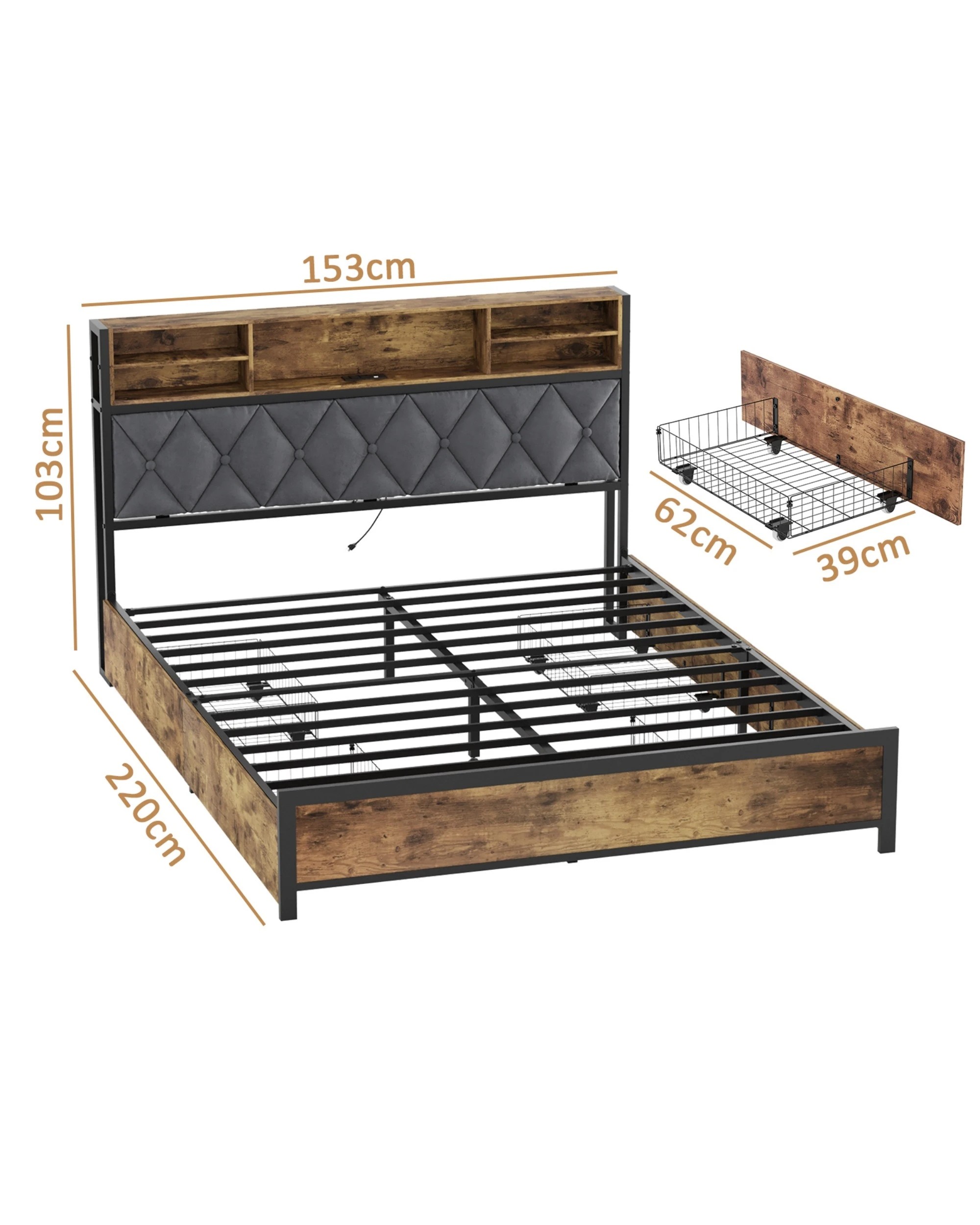 3 Advwin Queen Size Bed Frame with 4 Storage Drawers and Charging Station, 3 of 8