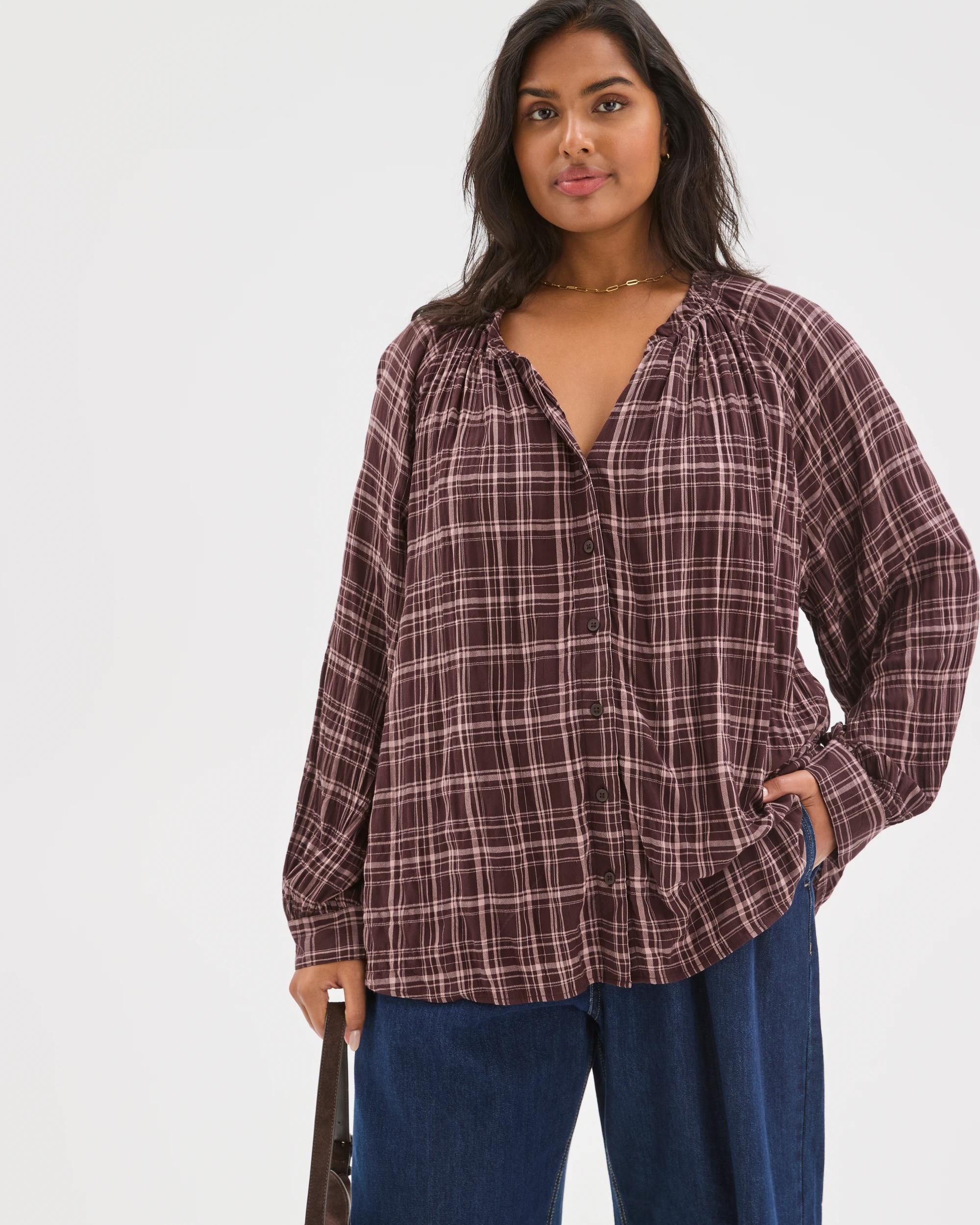 4 Target Curve Plus Size Long Sleeve Romantic Blouse CHOCOLATE PLUM CHECK, 4 of 7