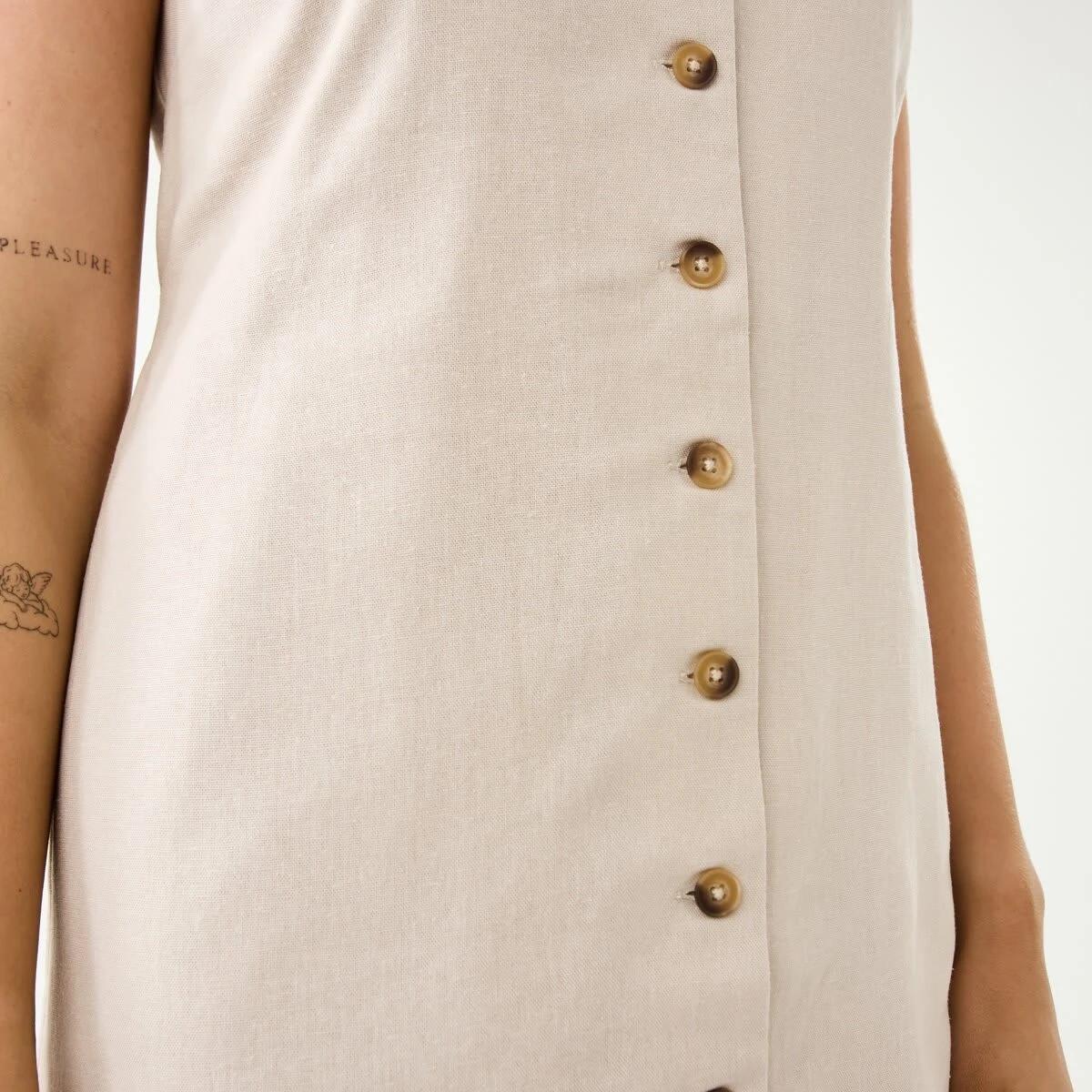 9 Sleeveless Linen Blend Button Mini Dress Grey Beige, 9 of 10