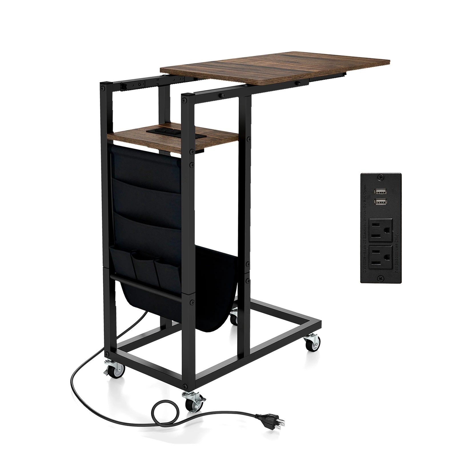 1 Costway C-shaped End Table Retractable Rolling Bedside Table w/Charging Station, 1 of 4