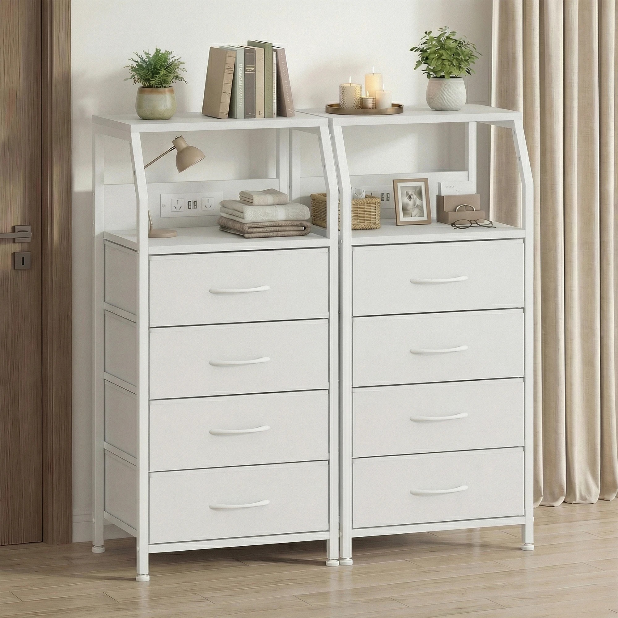 2 Advwin Set of 2 Bedside Table with Charging Station 4 Fabric Drawers Nightstand - White, 2 of 10