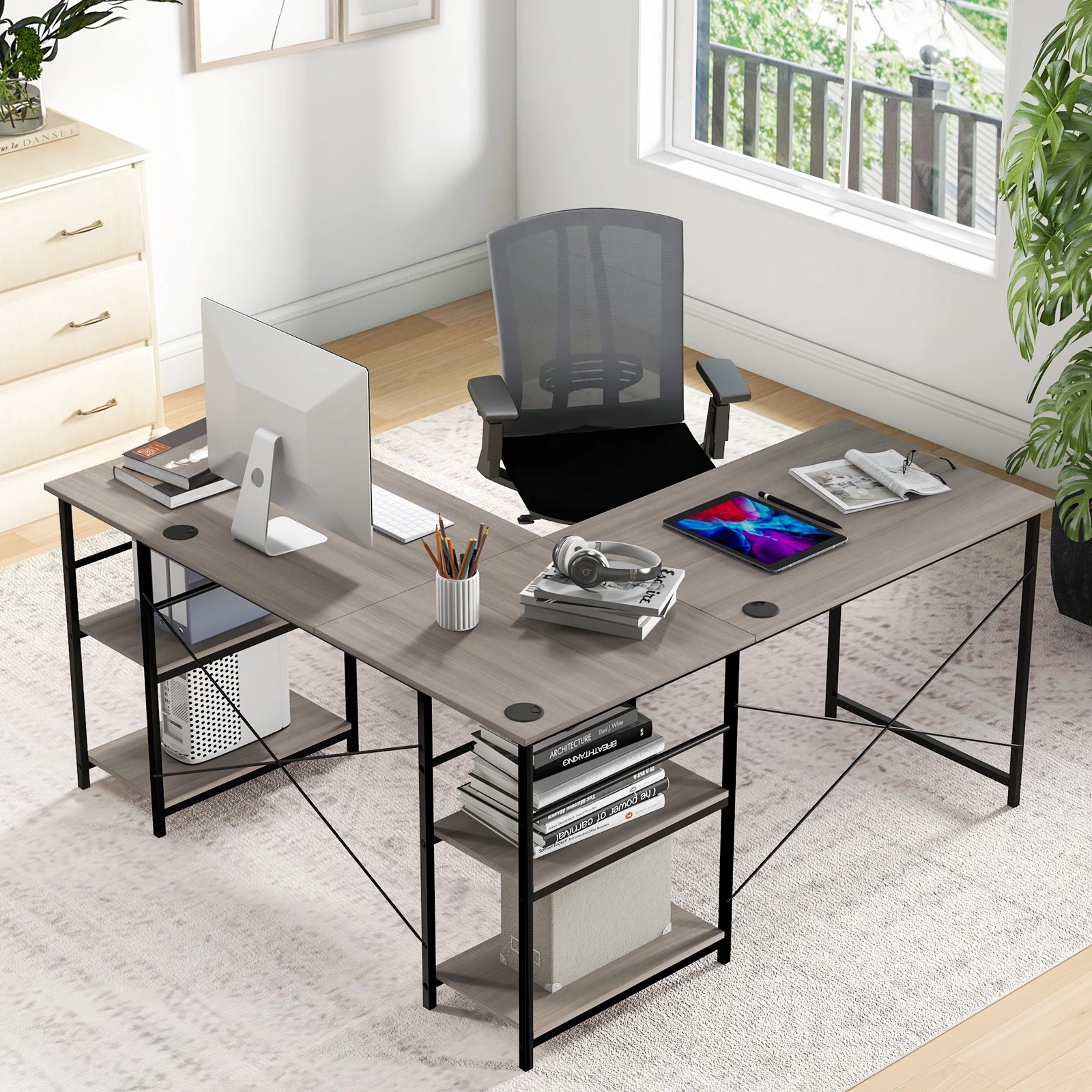 4 Costway L-shaped Computer Desk 2-Person Convertible Corner Desk w/Storage Shelves, 4 of 4
