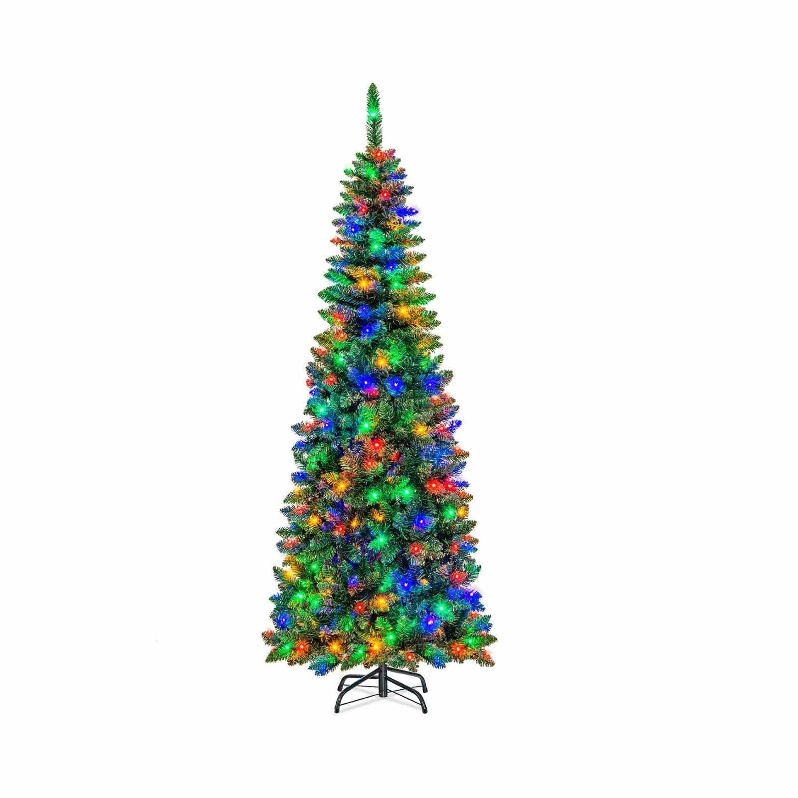 1 Costway 2M/6.5ft Pre-lit Slim Christmas Tree Multicolor Lights Xmas Tree, 1 of 2