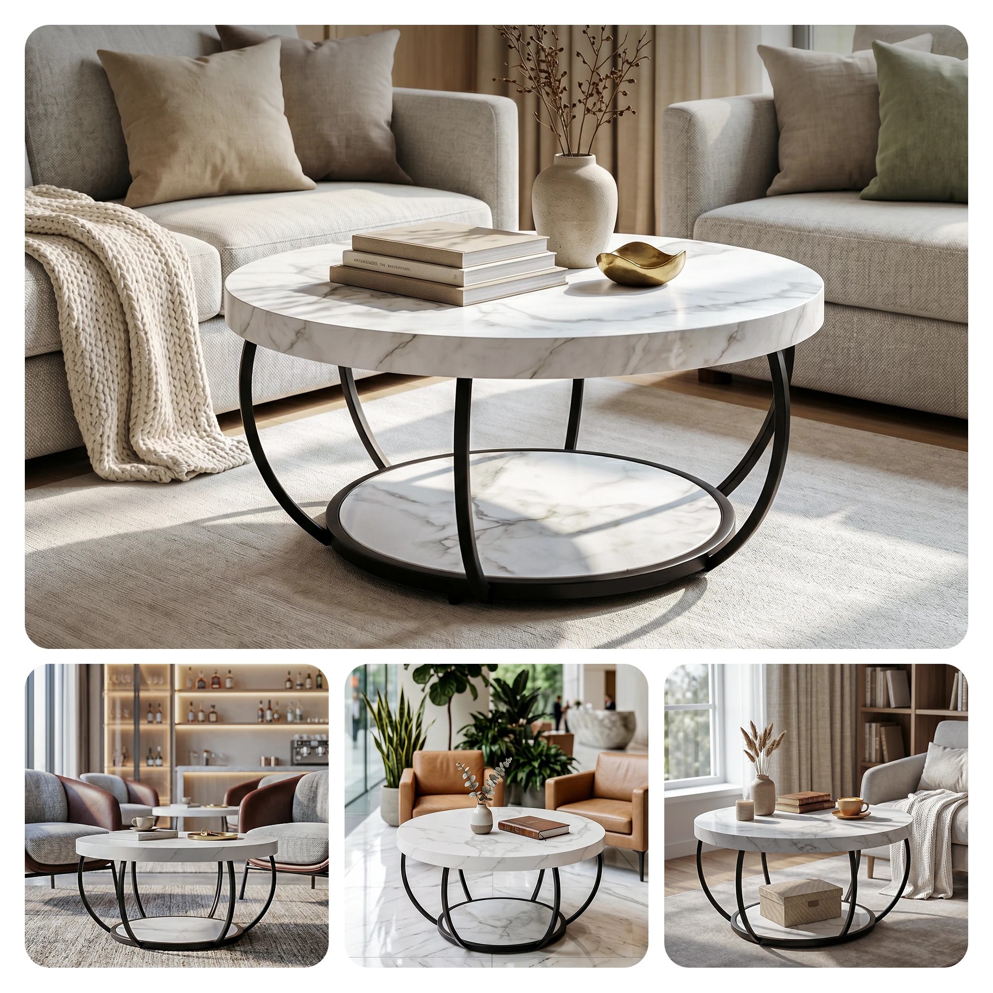 7 Artiss Coffee Table 2-Tier Marble Finish Round Sofa Side Table 80CM - Multi, 7 of 7