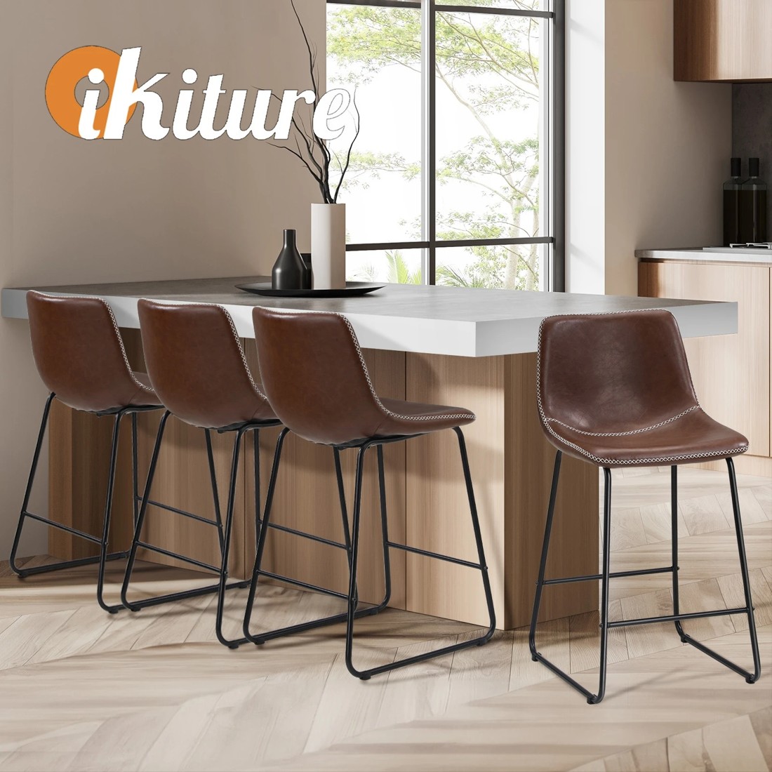 5 Oikiture 4x Bar Stools Kitchen Dining Chairs Leather Padded Stool
 - Brown, 5 of 10