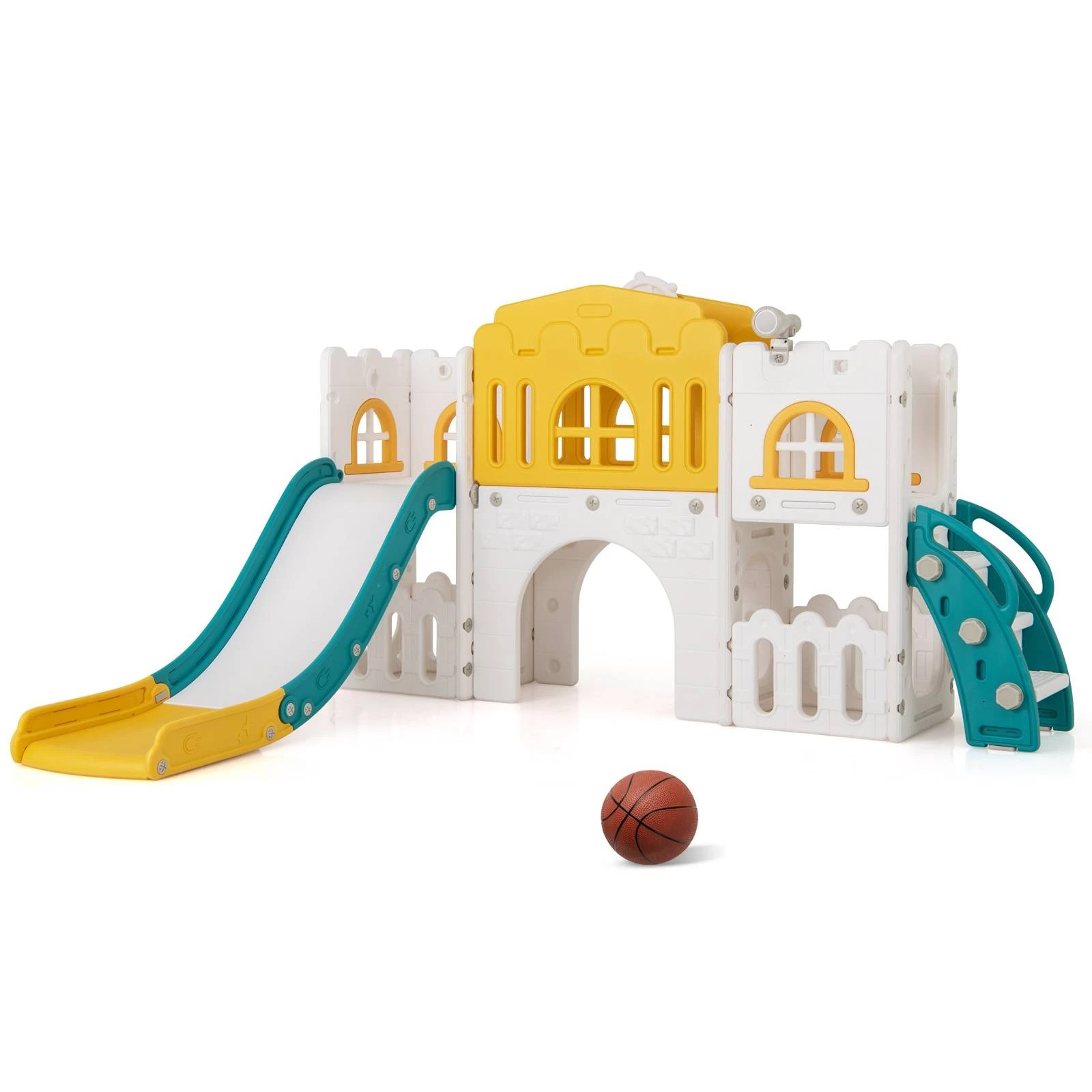 1 Costway Kids Slide Set Basketball Hoop Climber Playset Activity Center - Yellow, 1 of 1