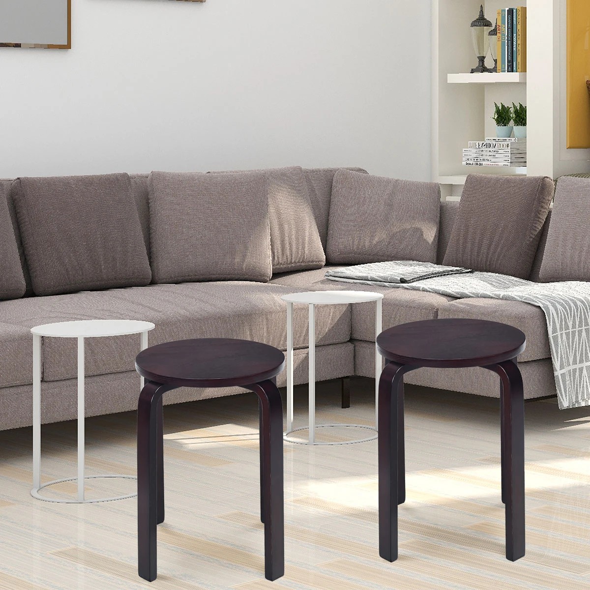6 Costway 4PCS Wood Stacking Stool Round Dining Chair - Brown, 6 of 7