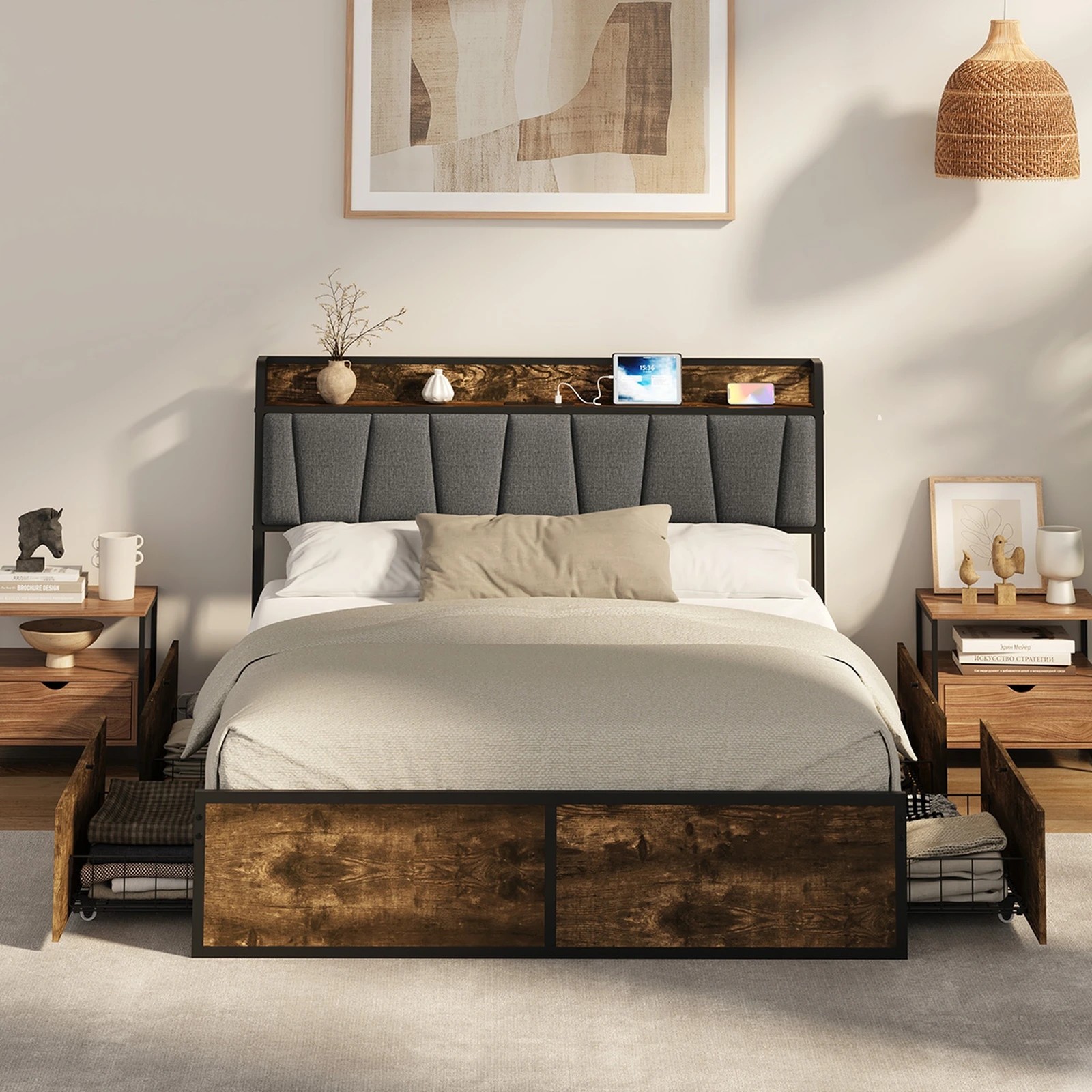 3 Oikiture Double Metal Bed Frame Storage Headboard AC USB Charge - Double Bed - Natural, 3 of 5