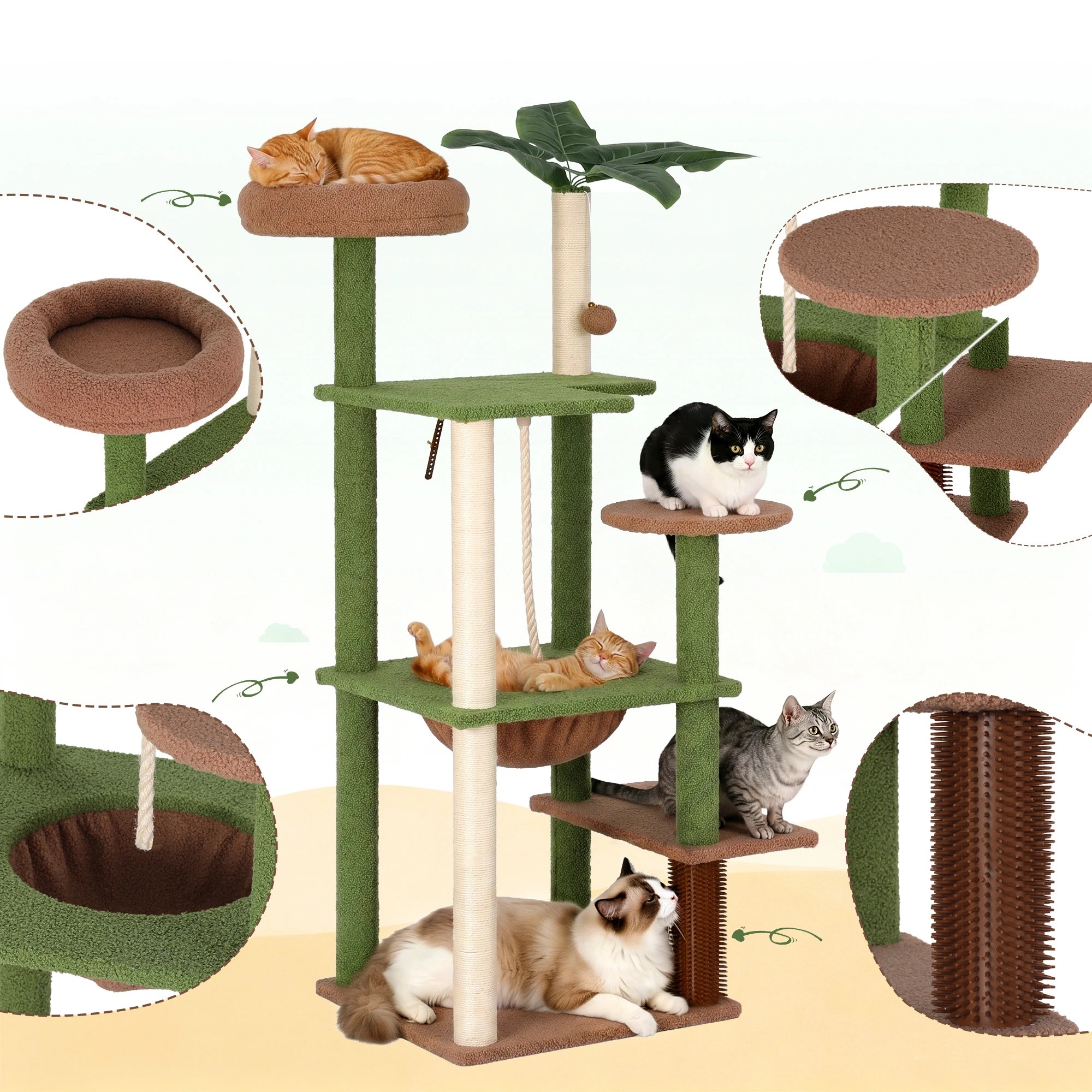 6 i.Pet Cat Tree Tower 152cm Jungle Multi-Level Scratching Post Leafy Canopy - Multi, 6 of 10