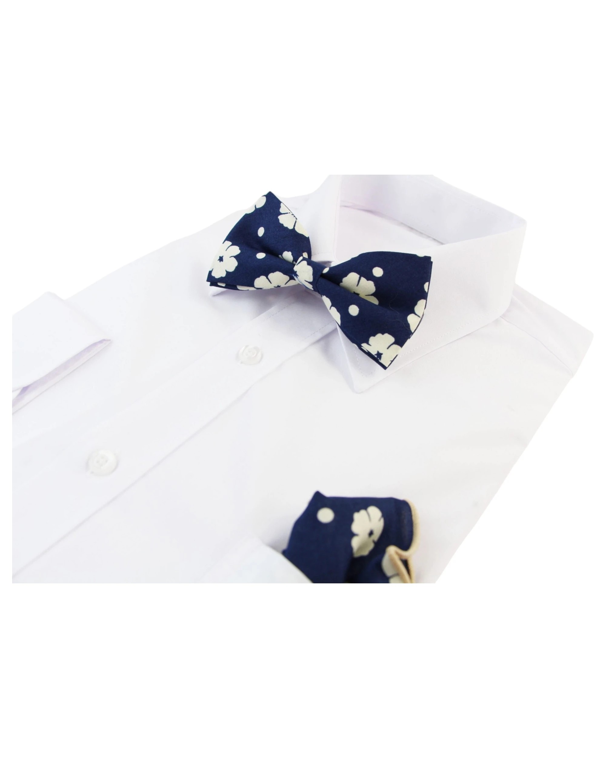 4 Zasel Mens Navy & Cream Flowers Cotton Bow Tie & Pocket Square Set - Multi, 4 of 4