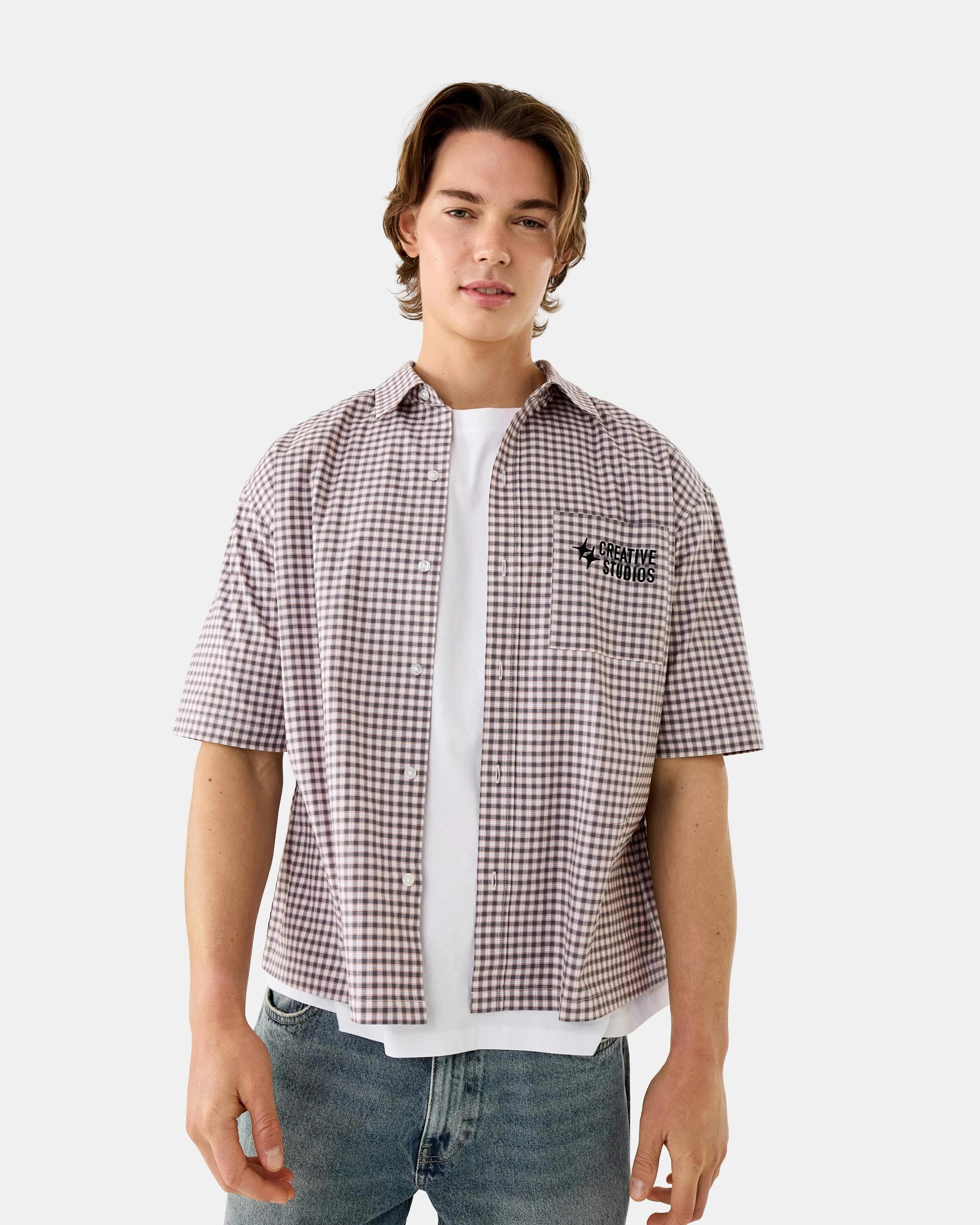 1 Short Sleeve Boxy Check Shirt Gry Check, 1 of 8