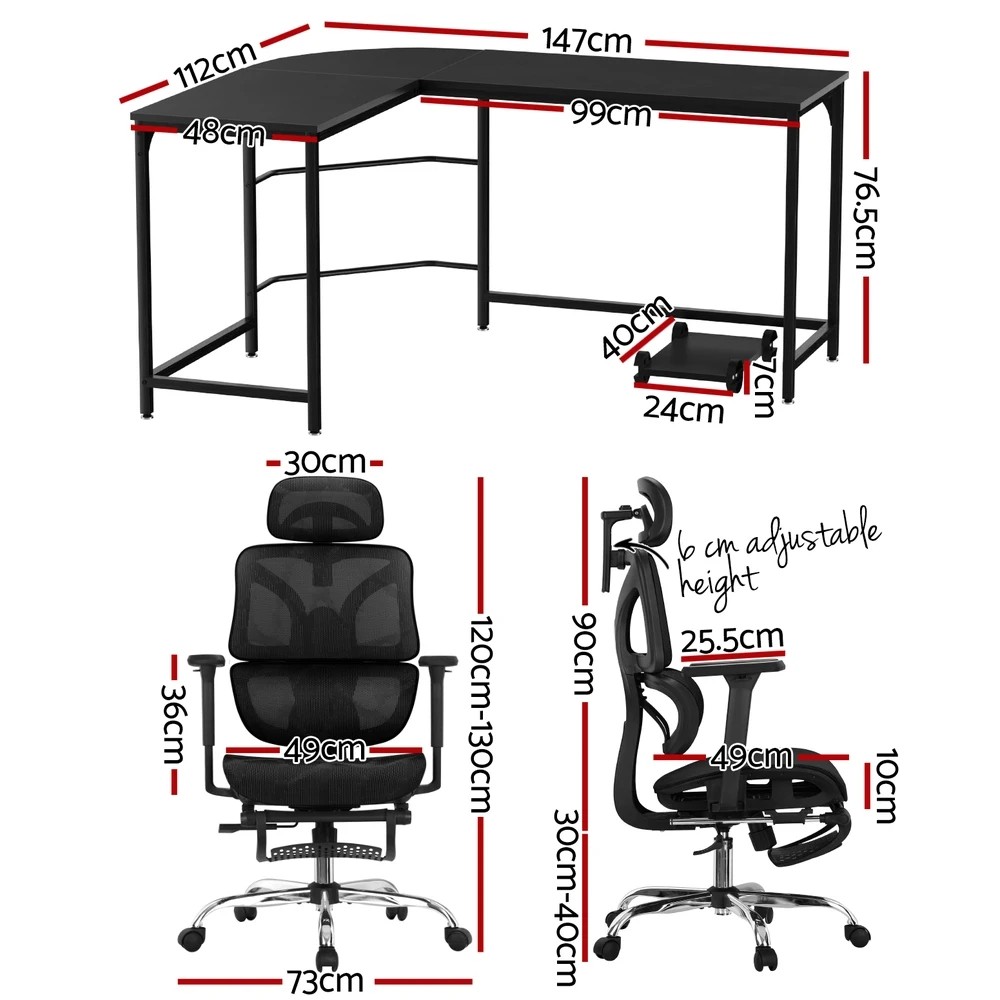 2 Artiss Computer Desk L-Shape Study Desks Ergonomic Office Chair Mesh Chairs - Black, 2 of 6