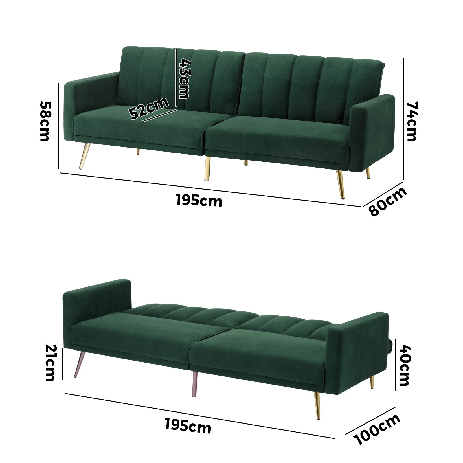 10 Oikiture 3 Seater Sofa Bed Couch Convertible Lounge Recliner Beds Velvet
 - Green, 10 of 10