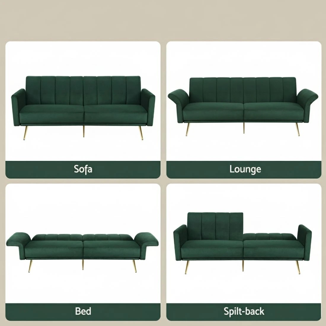 6 Artiss Sofa Bed 3 Seater Couch Convertible Lounge Adjustable Arm Recliner Velvet - Green, 6 of 7