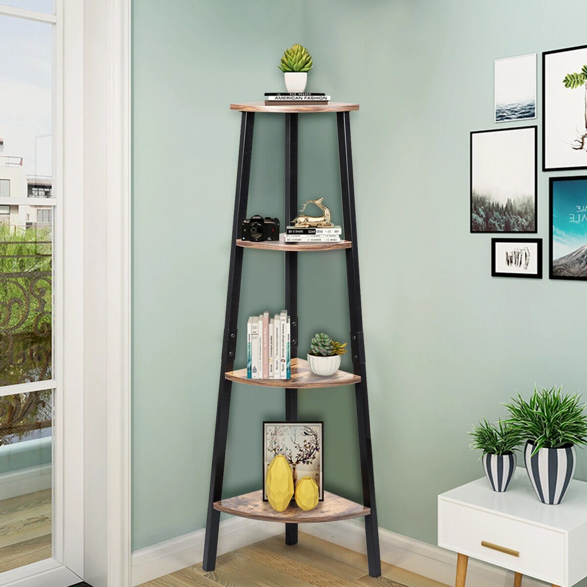 2 Costway 4-Tier Corner Bookcase Ladder Display Shelf Metal Frame - Brown, 2 of 4